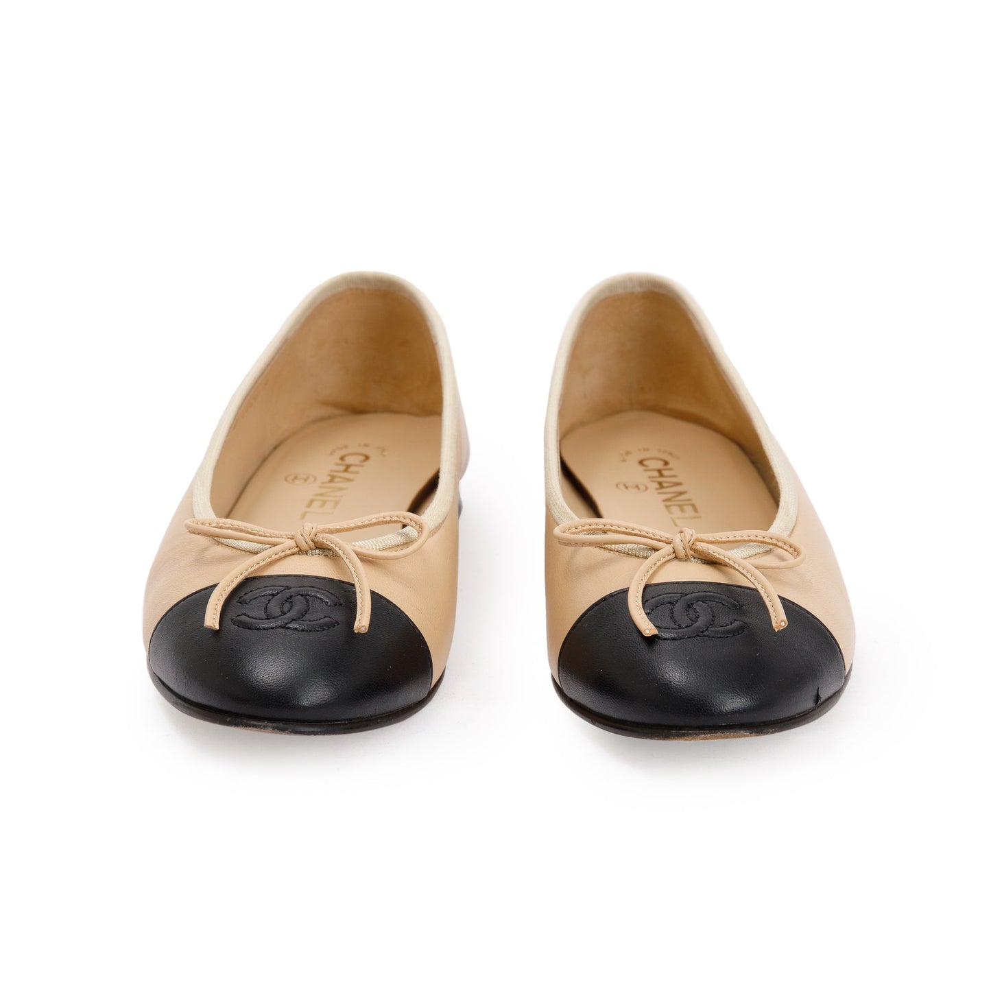 Chanel Interlocking CC Logo Flats Lambskin Black Beige Shoes