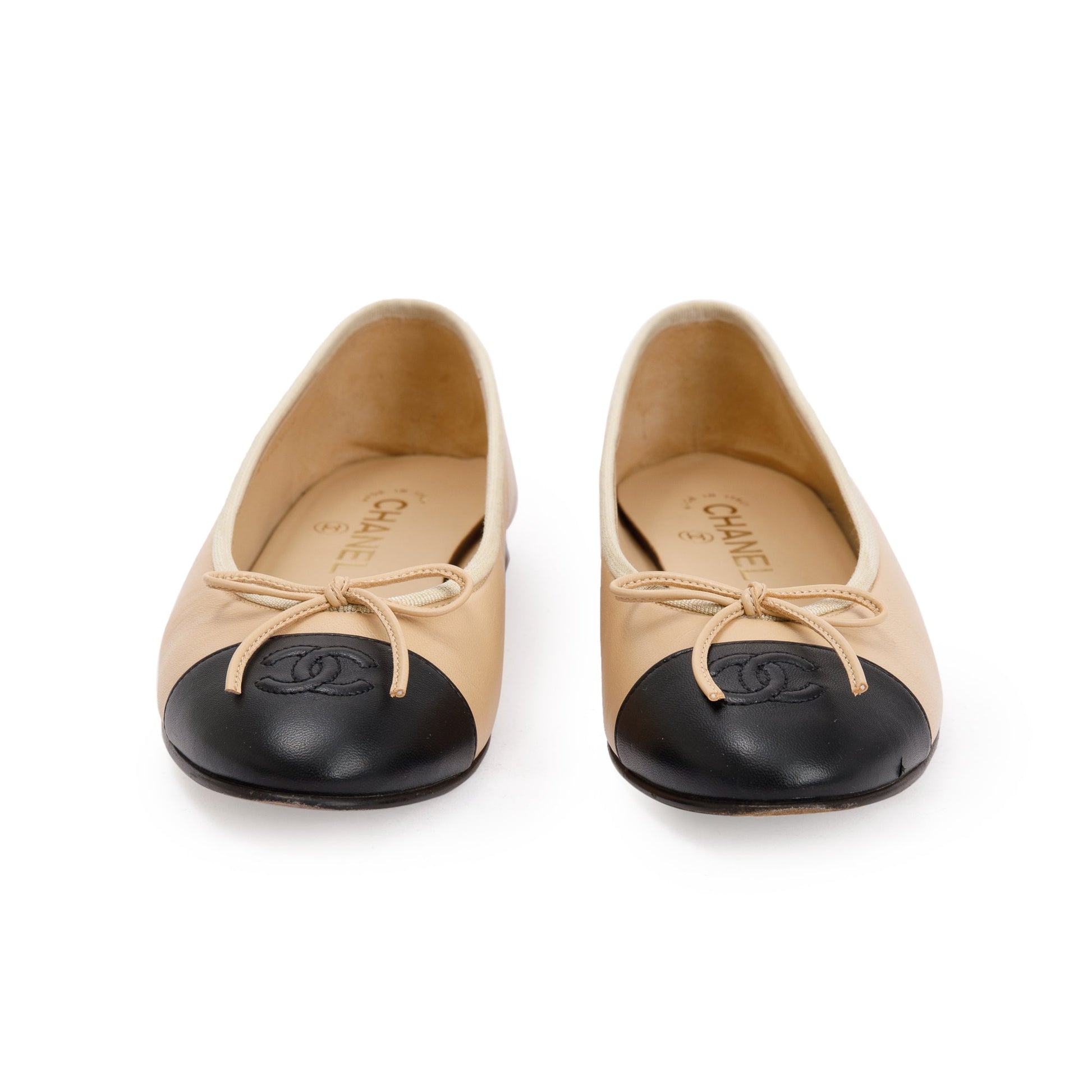 Chanel Interlocking CC Logo Flats Lambskin Black Beige Shoes