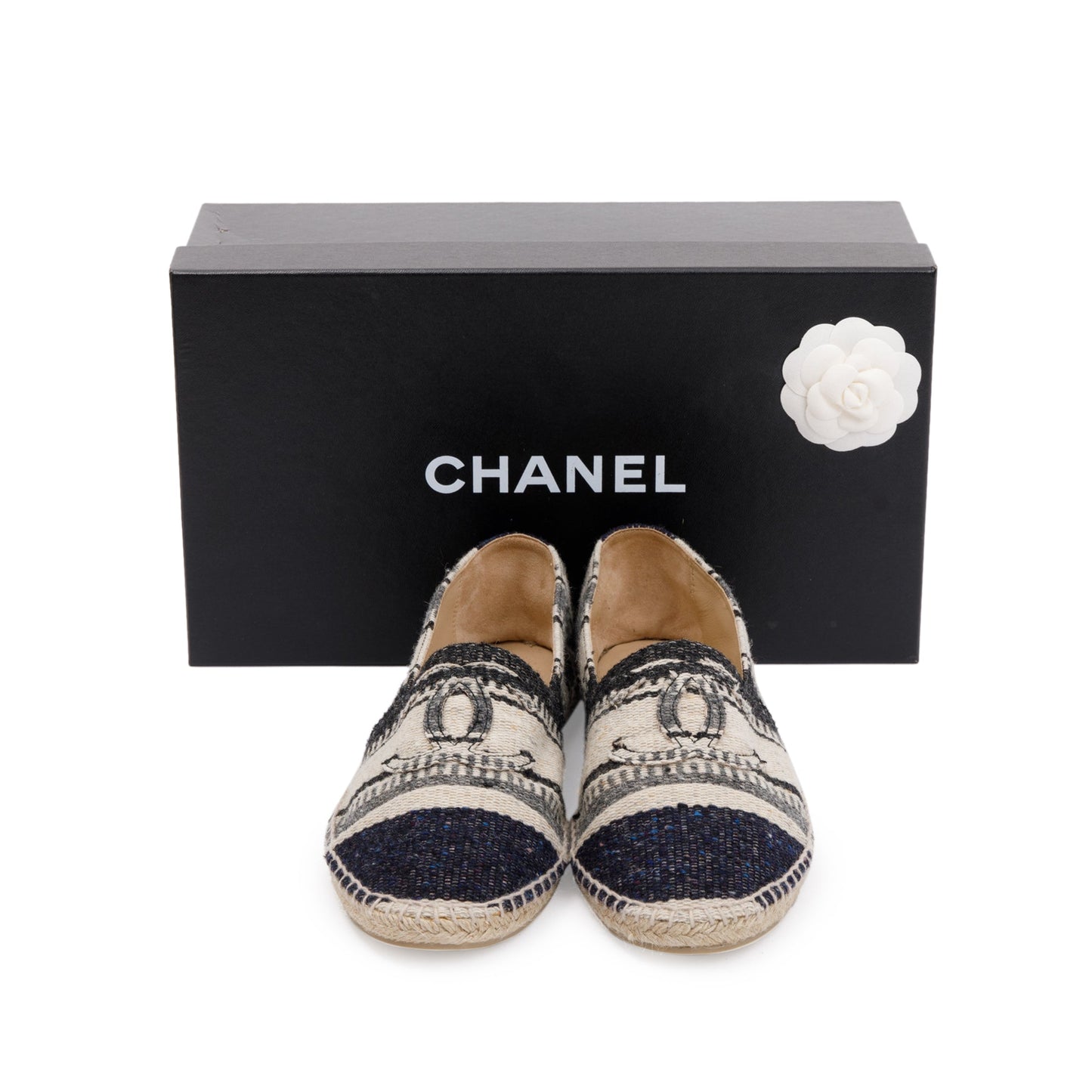 Chanel Wool Tweed Espadrilles Lambskin Black Beige Travel Bag