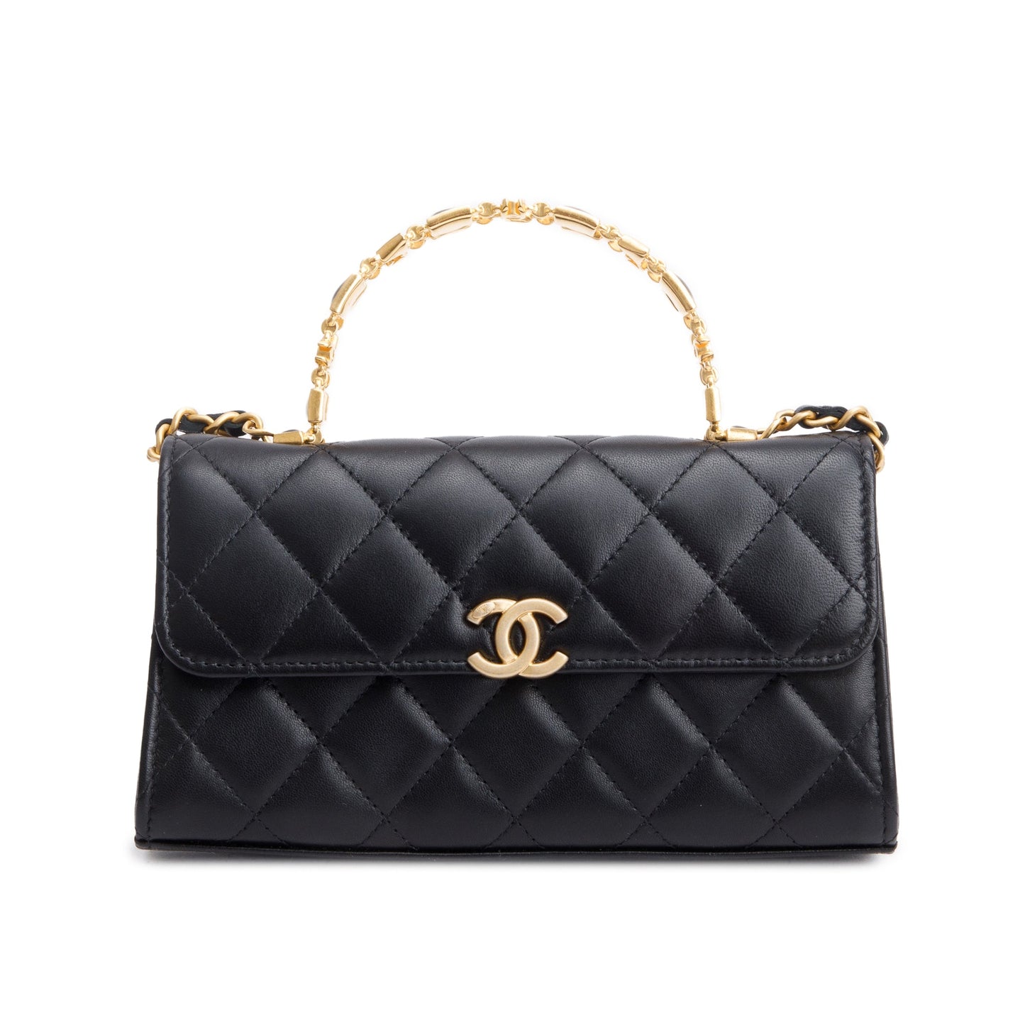 Chanel Enamel Top Handle Phone Holder Lambskin Black Travel Bag