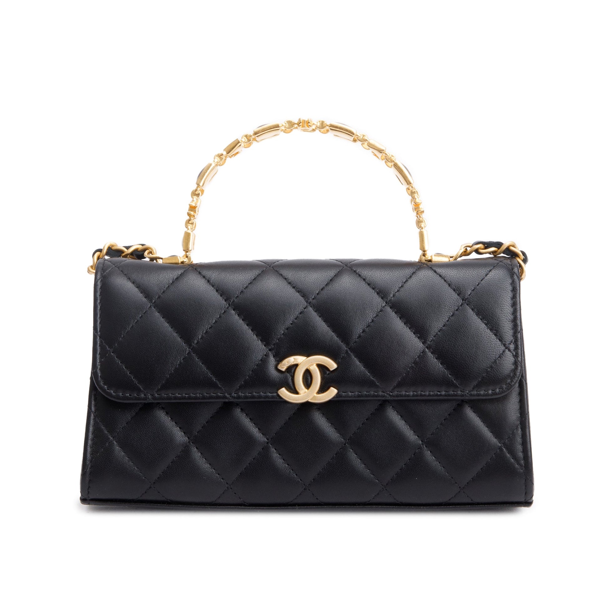Chanel Enamel Top Handle Phone Holder Lambskin Black Travel Bag