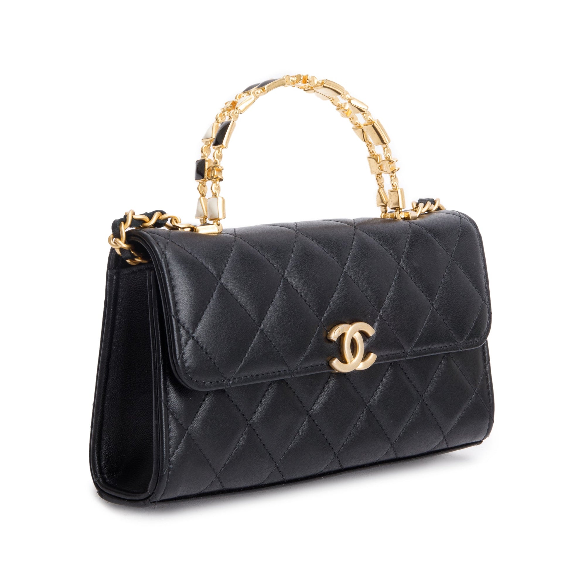 Chanel Enamel Top Handle Phone Holder Lambskin Black Travel Bag