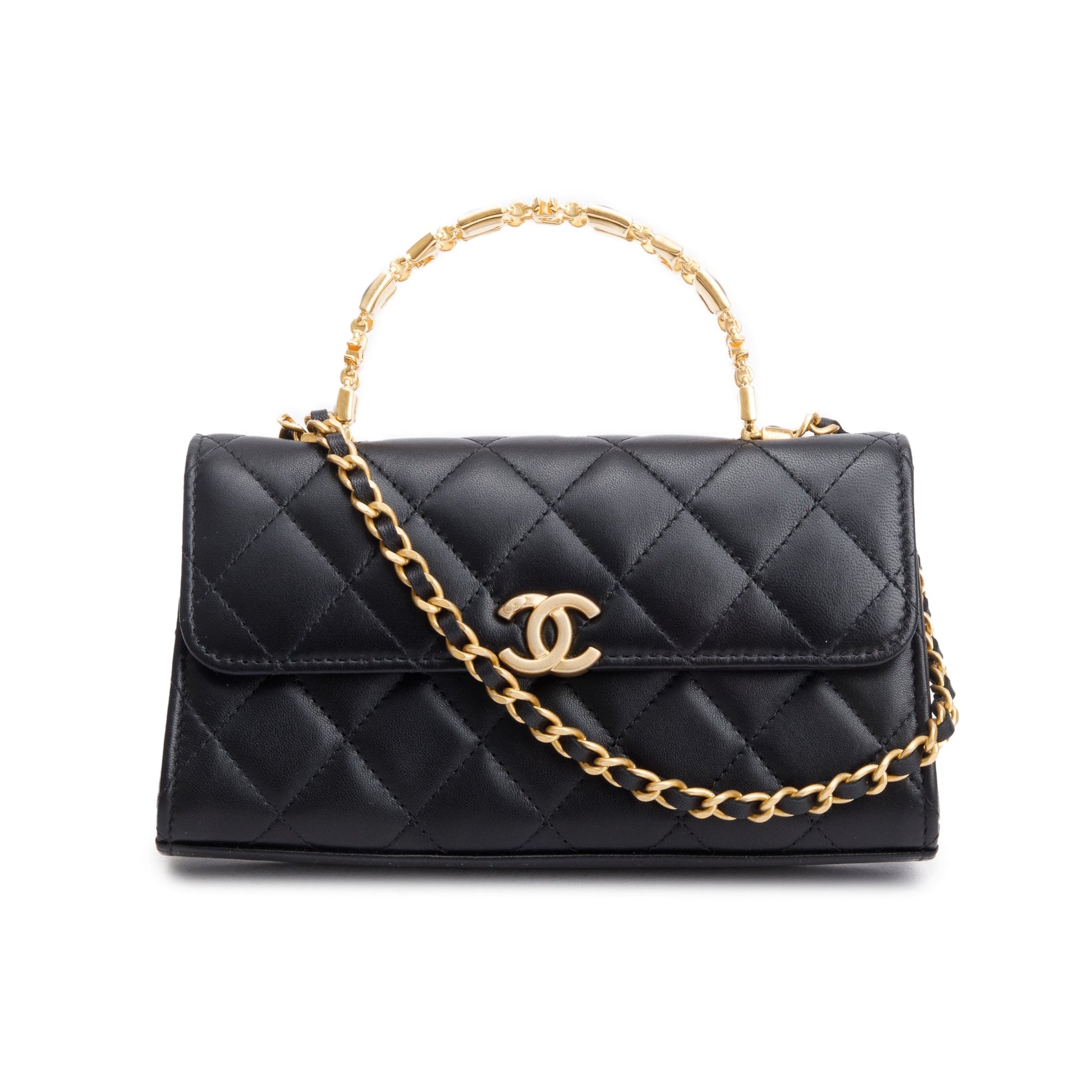 Chanel Enamel Top Handle Phone Holder Lambskin Black Travel Bag