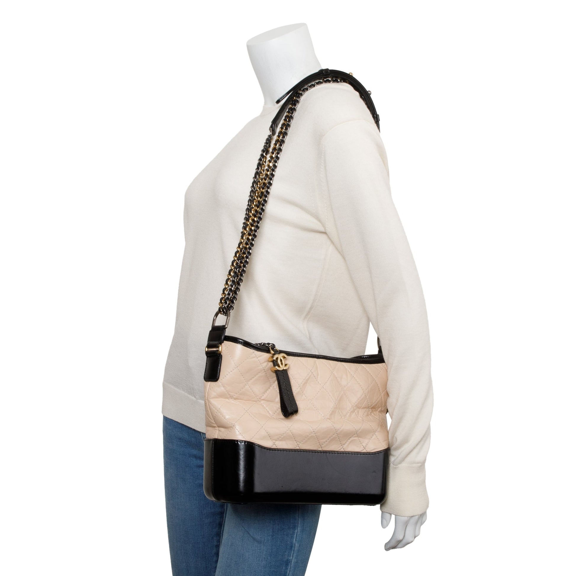 Chanel & Aged Gabrielle Hobo Leather Calfskin Black Beige Travel Bag Gabrielle Hobo