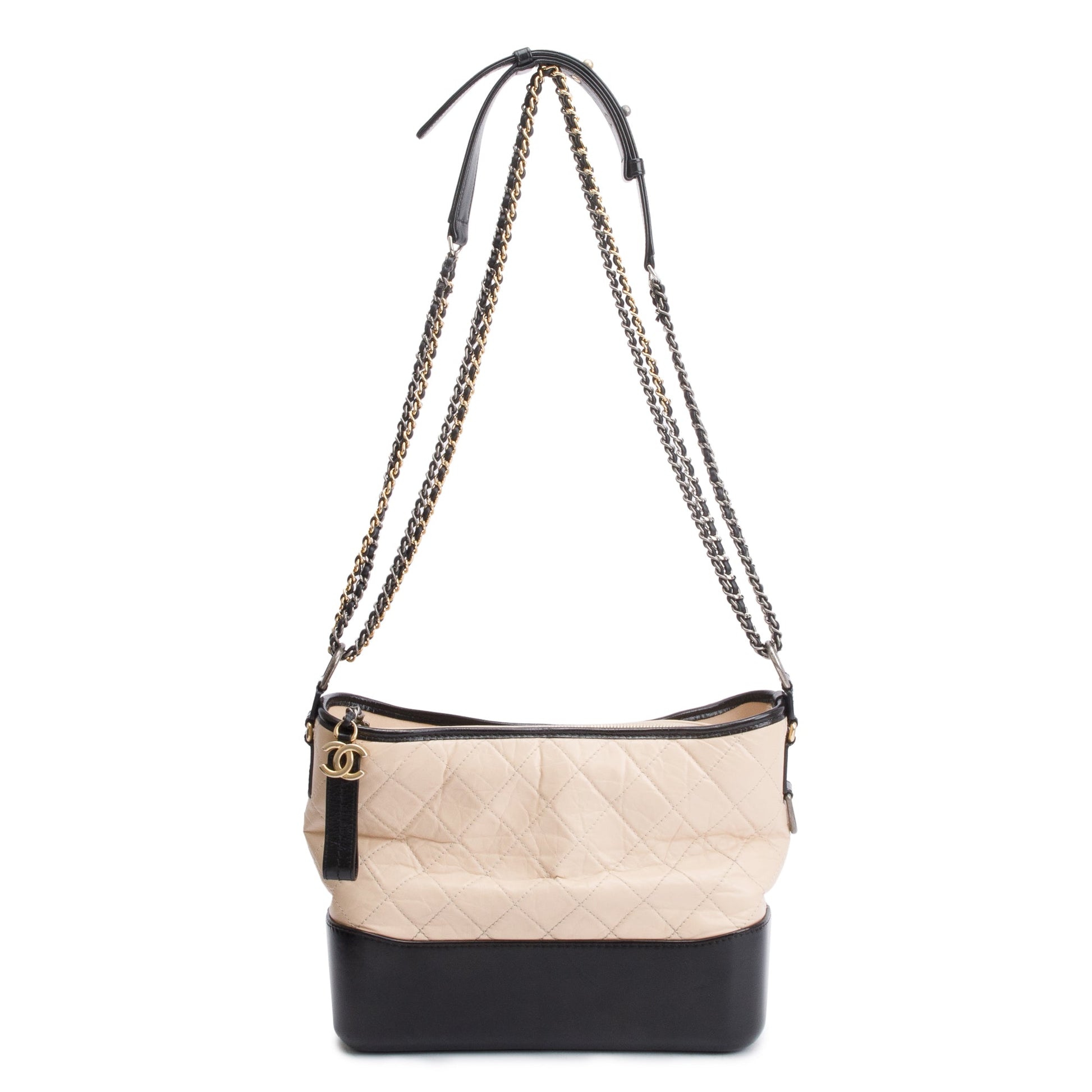 Chanel & Aged Gabrielle Hobo Leather Calfskin Black Beige Travel Bag Gabrielle Hobo