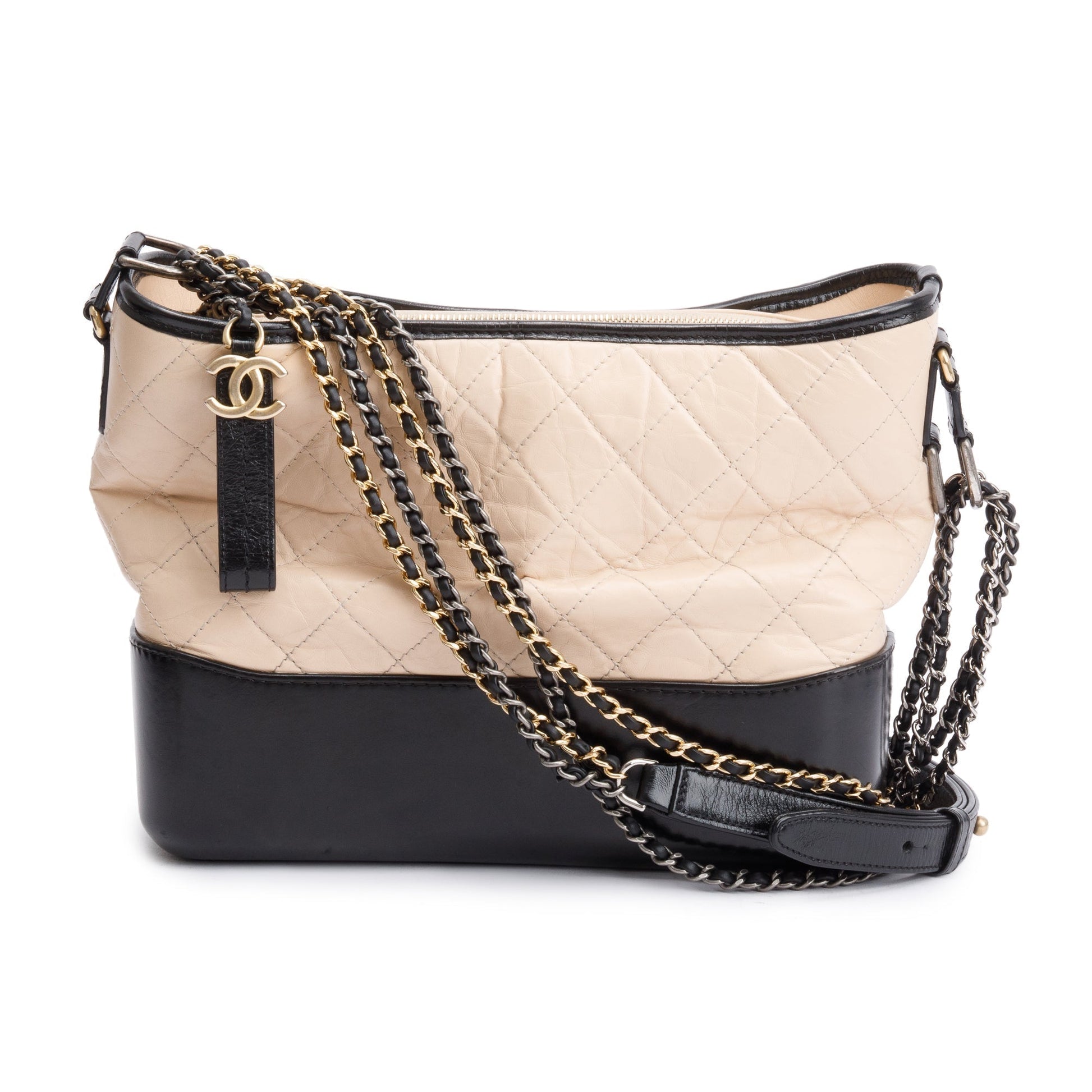 Chanel & Aged Gabrielle Hobo Leather Calfskin Black Beige Travel Bag Gabrielle Hobo