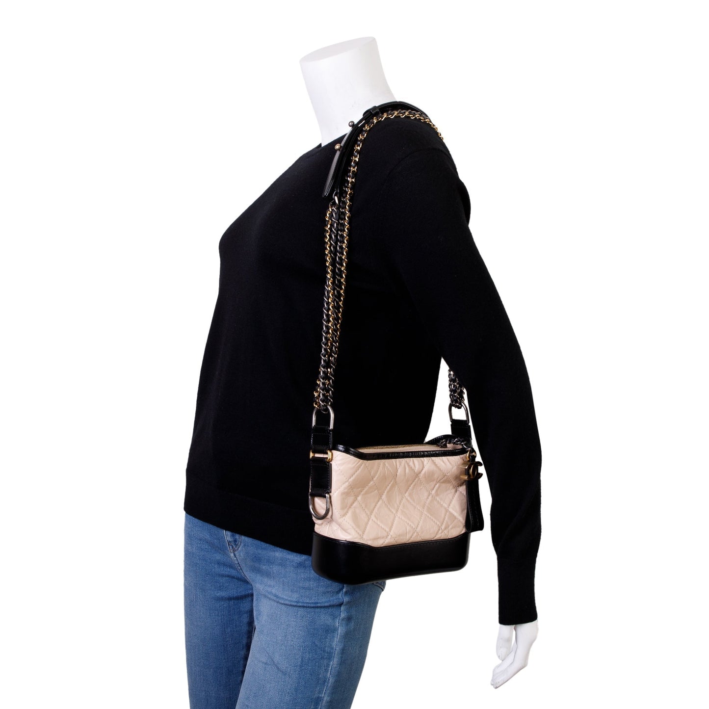 Chanel & Aged Gabrielle Hobo Leather Calfskin Black Beige Travel Bag