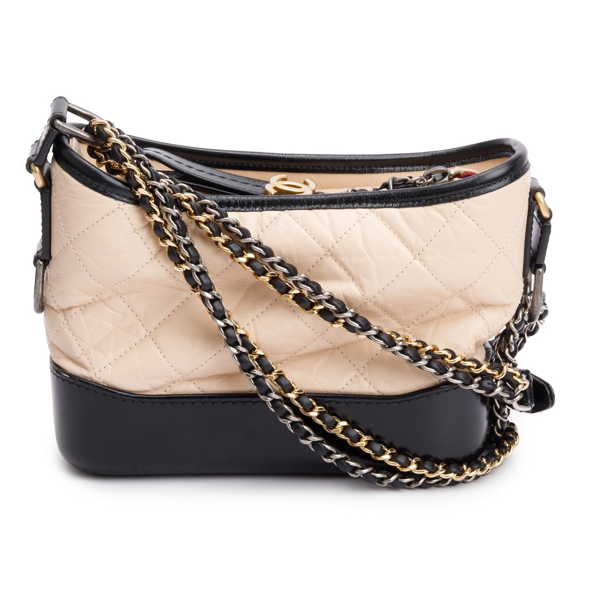 Chanel & Aged Gabrielle Hobo Leather Calfskin Black Beige Travel Bag Authenticity Card