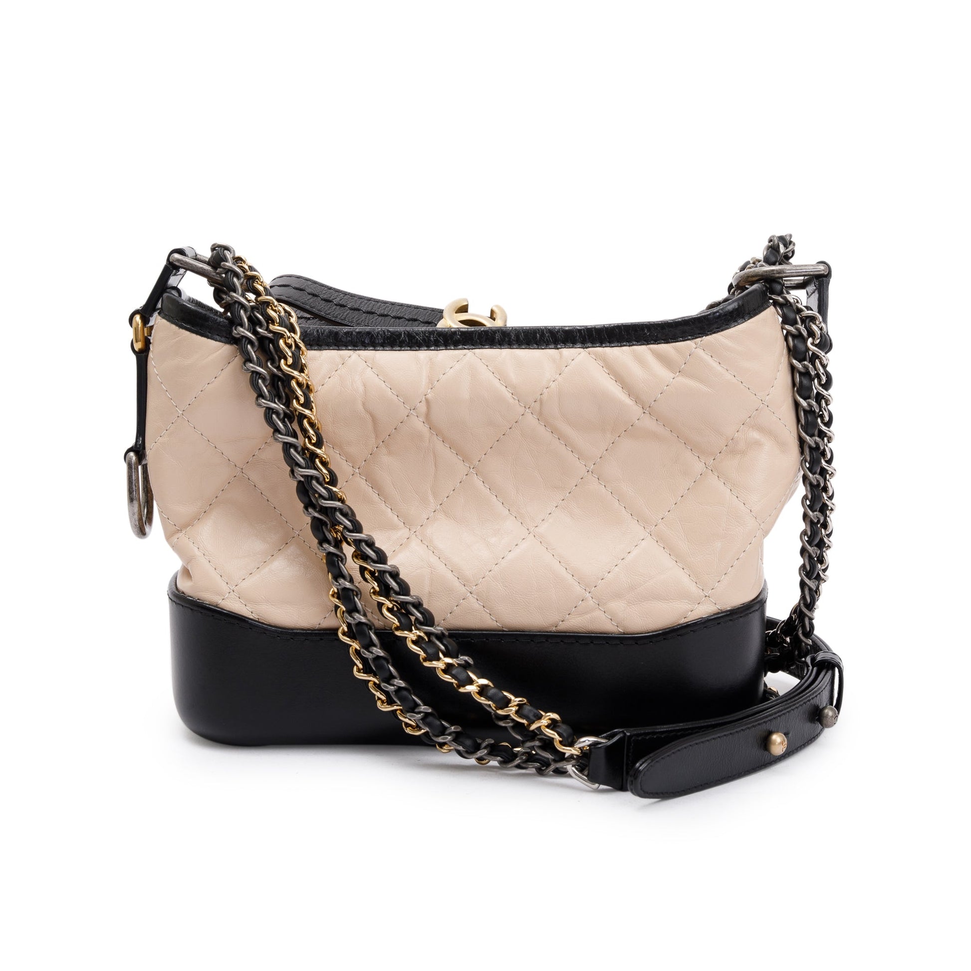 Chanel & Aged Gabrielle Hobo Leather Calfskin Black Beige Travel Bag