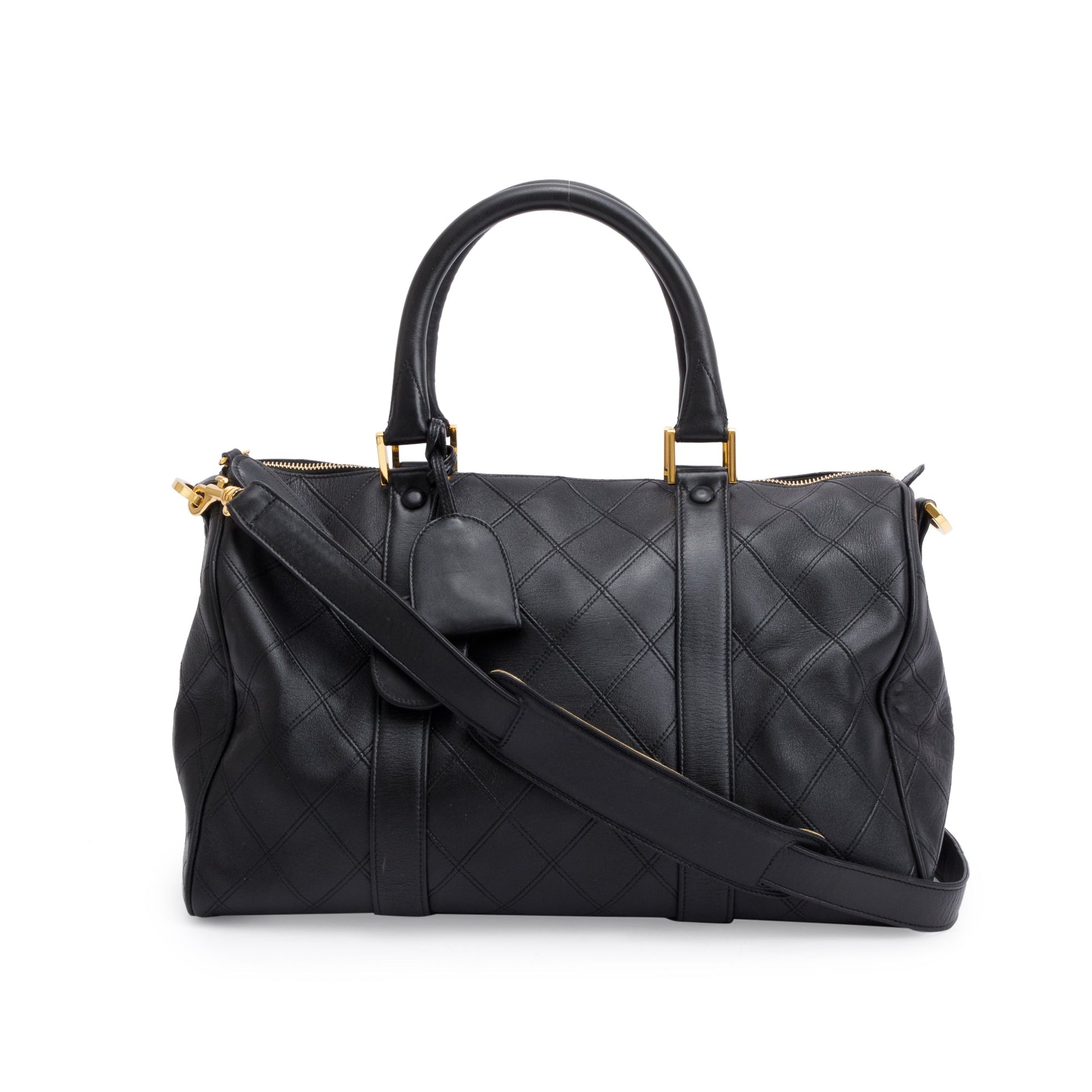 Chanel Diamond Stitch Boston Leather Calfskin Black Travel Bag