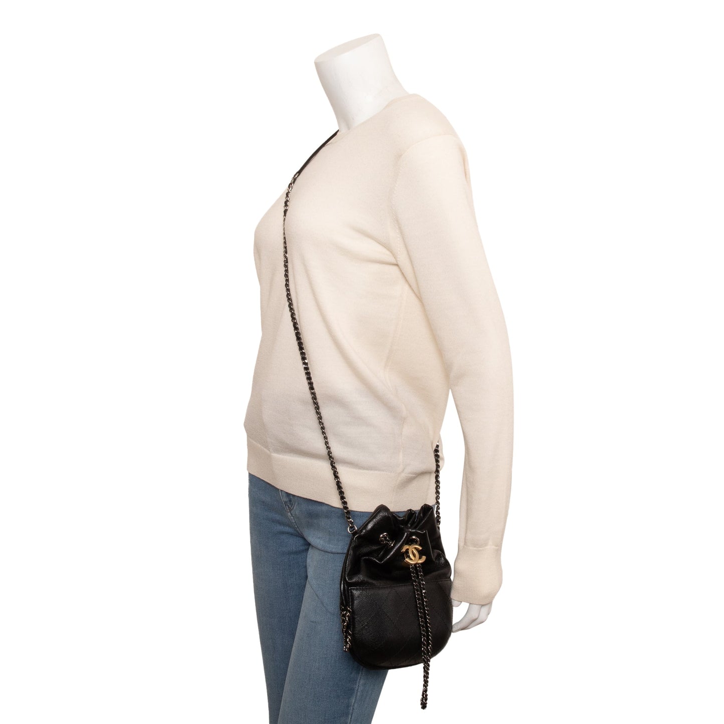 Chanel Gabrielle Bucket Purse Leather Calfskin Black Travel Bag