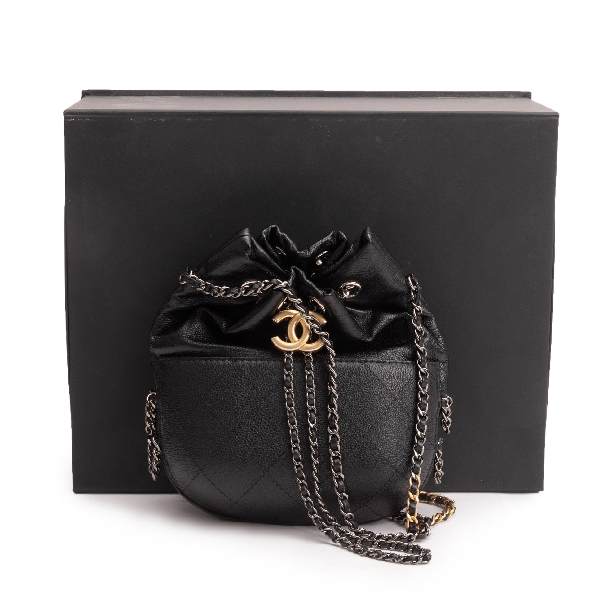 Chanel Gabrielle Bucket Purse Leather Calfskin Black Travel Bag