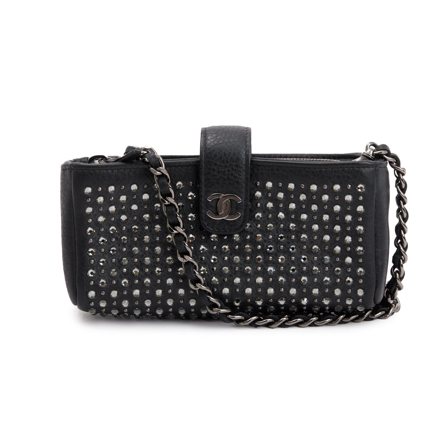 Chanel Strass Studded Phone Holder Leather Calfskin Black Travel Bag
