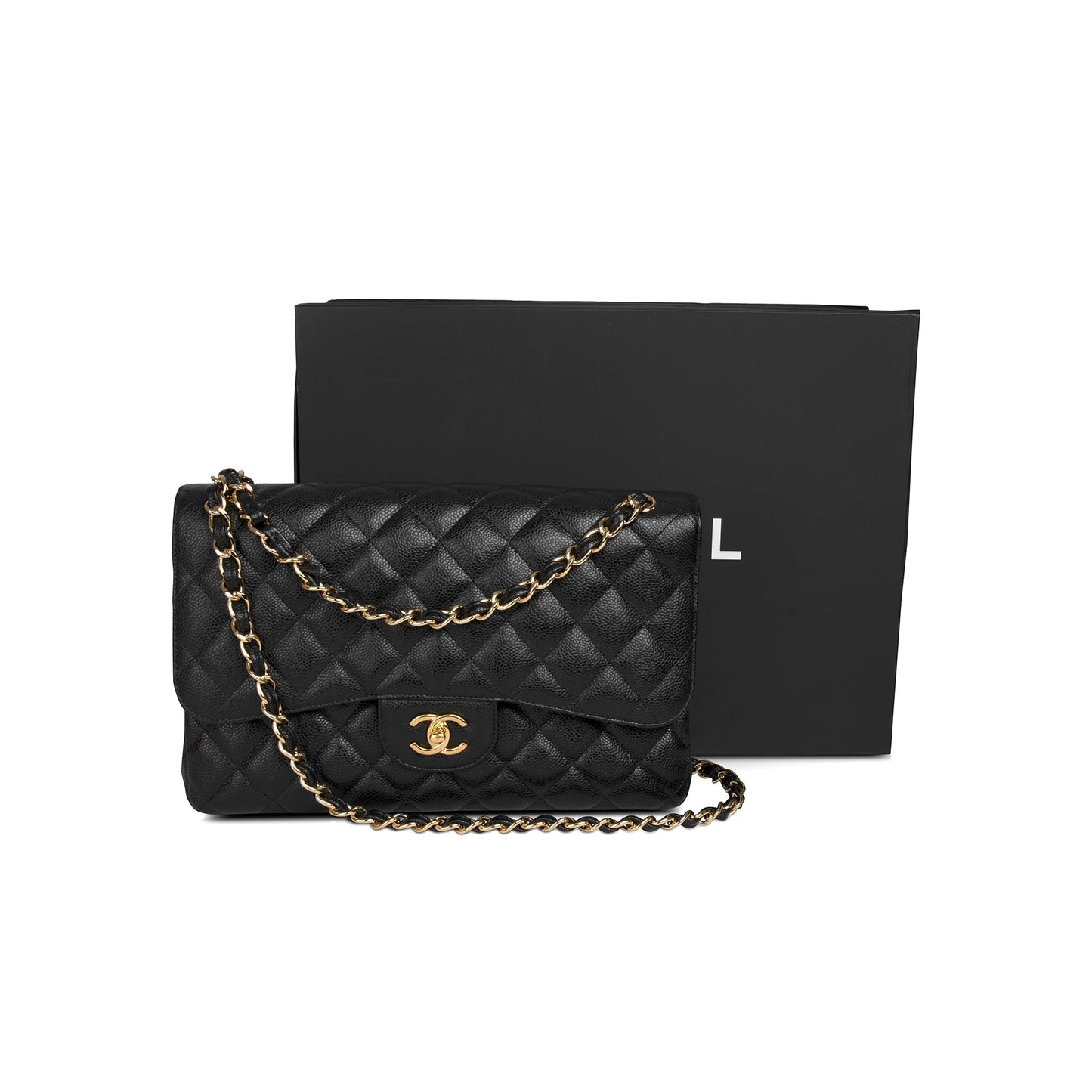Chanel Caviar Classic Jumbo Double Flap Black Travel Bag W Box