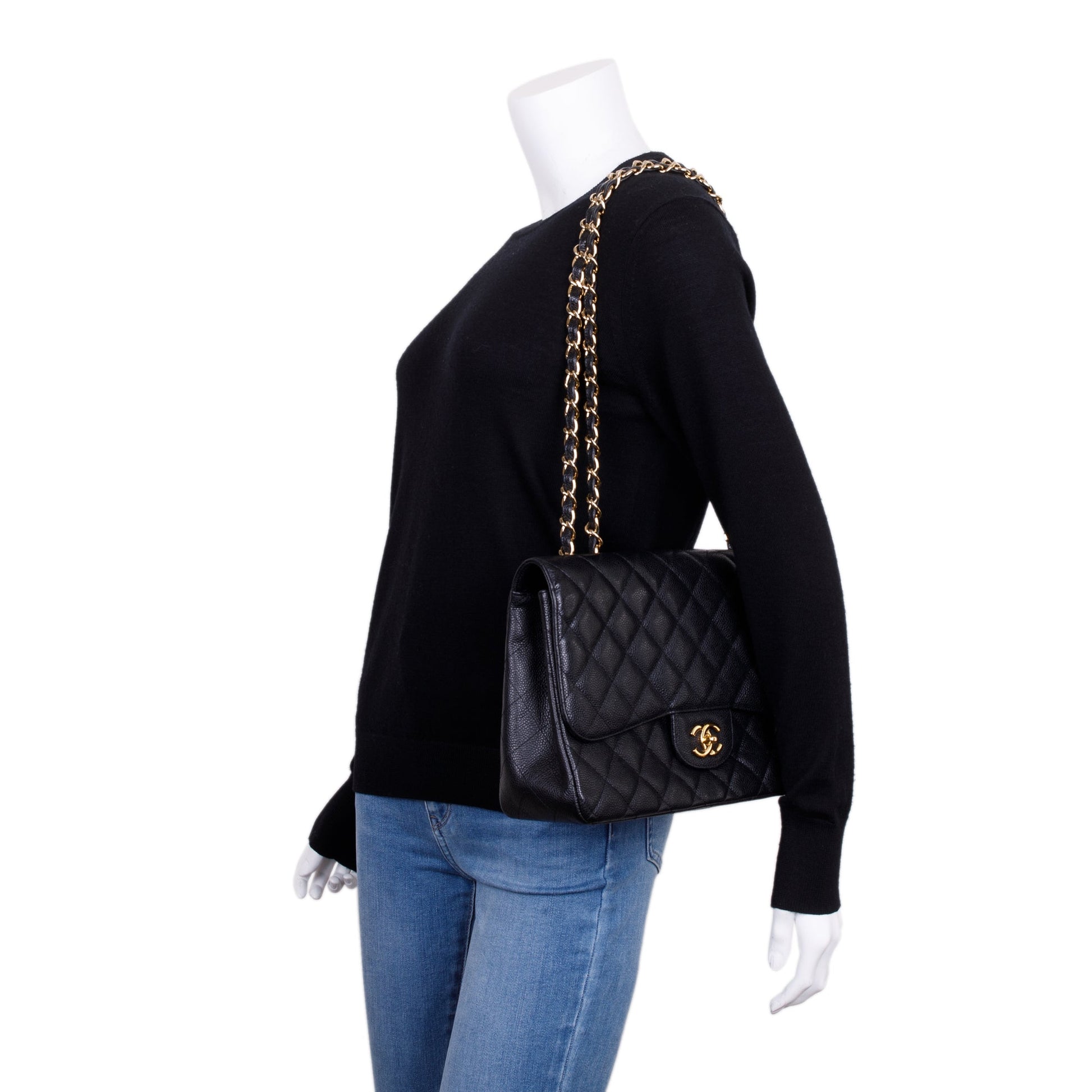Chanel Caviar Classic Jumbo Single Flap Black Travel Bag Flap Bag