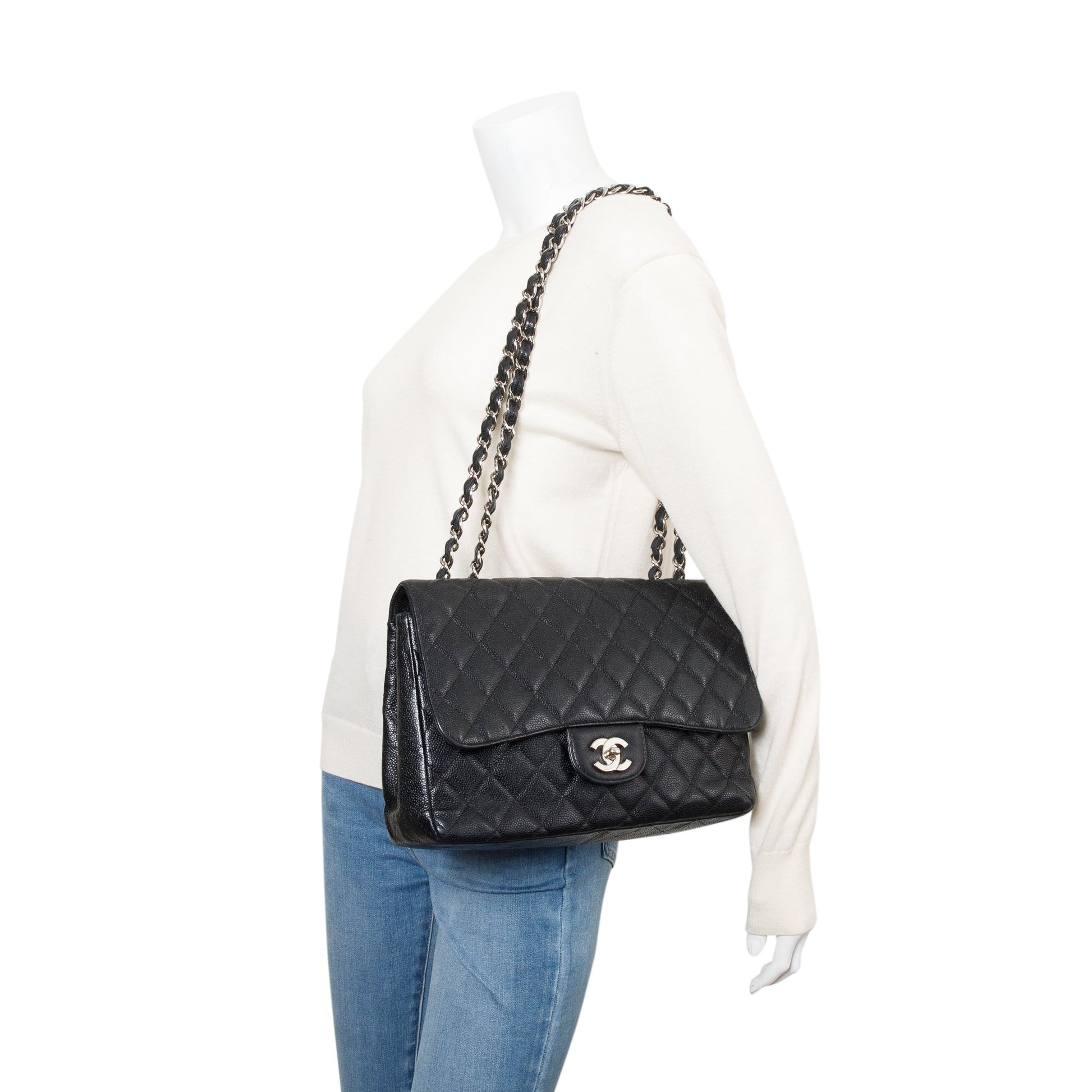 Chanel Caviar Classic Jumbo Single Flap Black Travel Bag 4