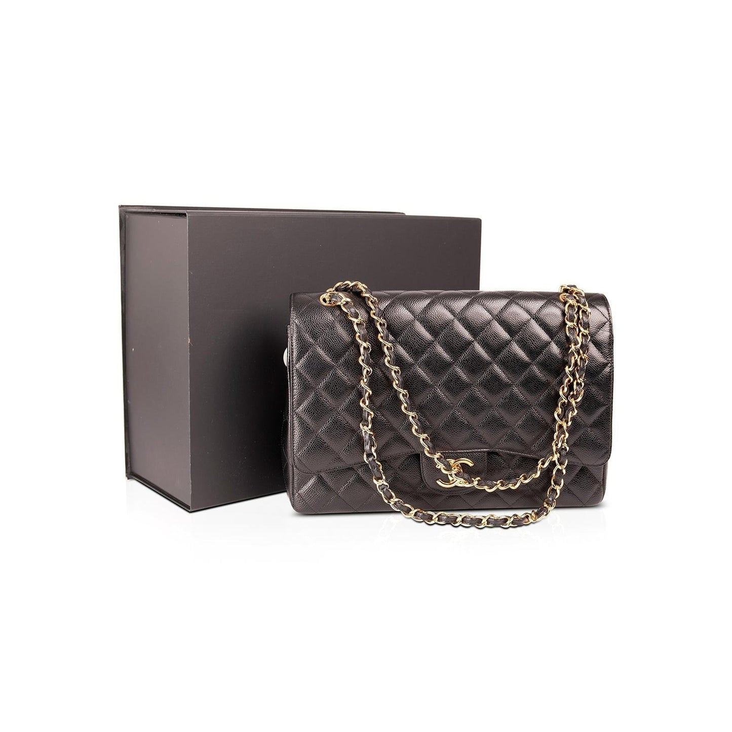 Chanel Caviar Classic Maxi Double Flap Black Travel Bag Authenticity Card