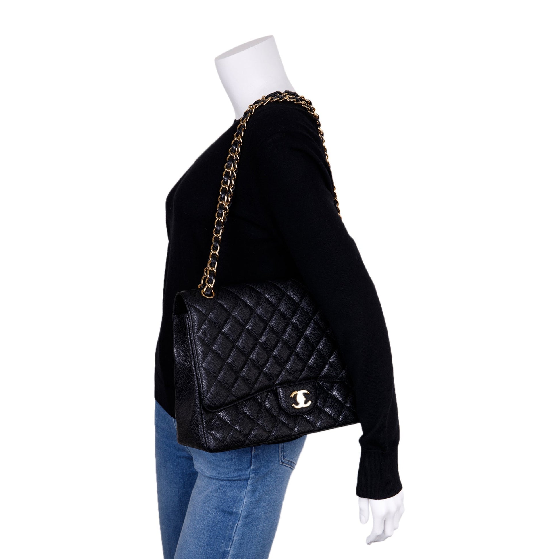Chanel Caviar Classic Maxi Single Flap Black Travel Bag
