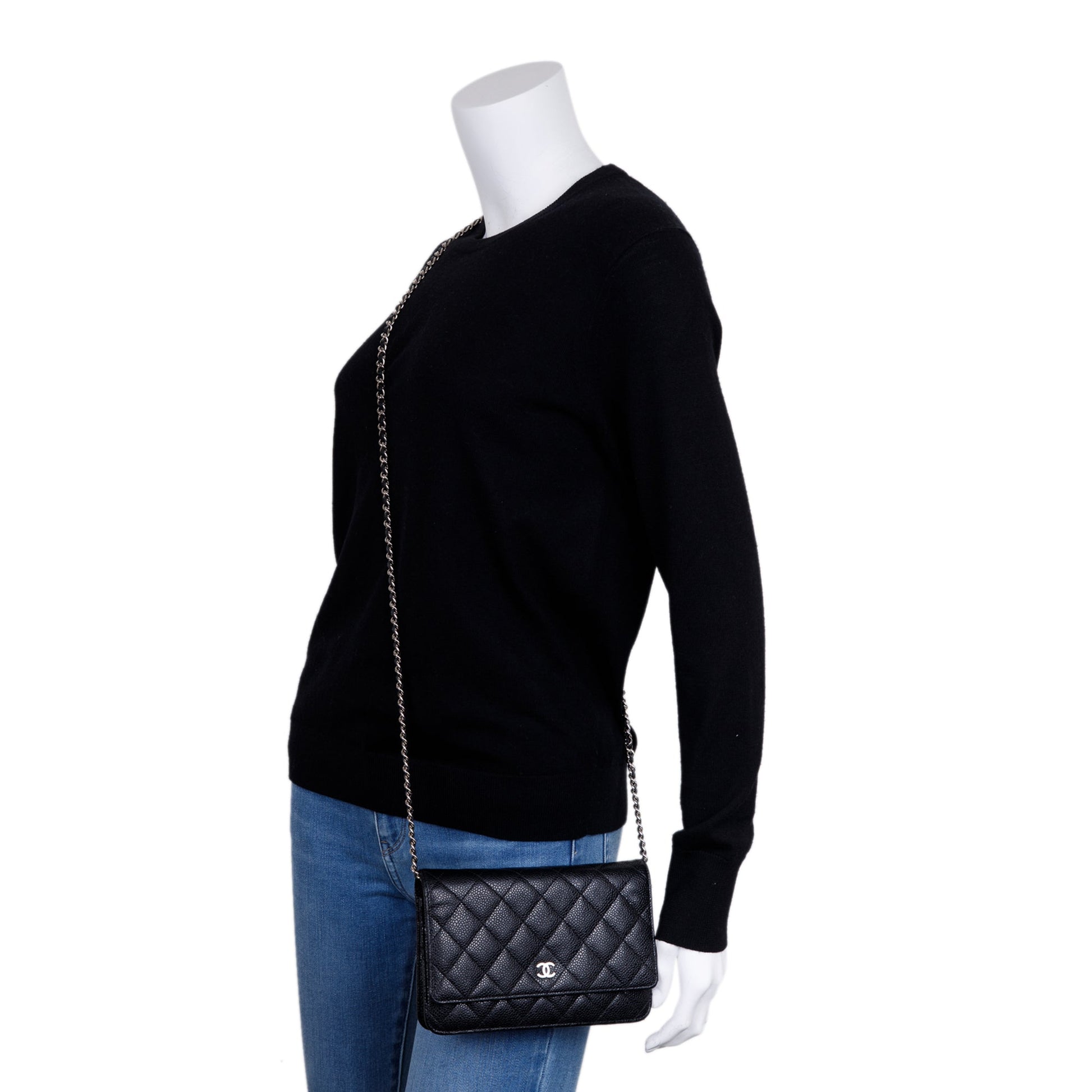 Chanel Caviar Classic on Black Wallet Case On Chain