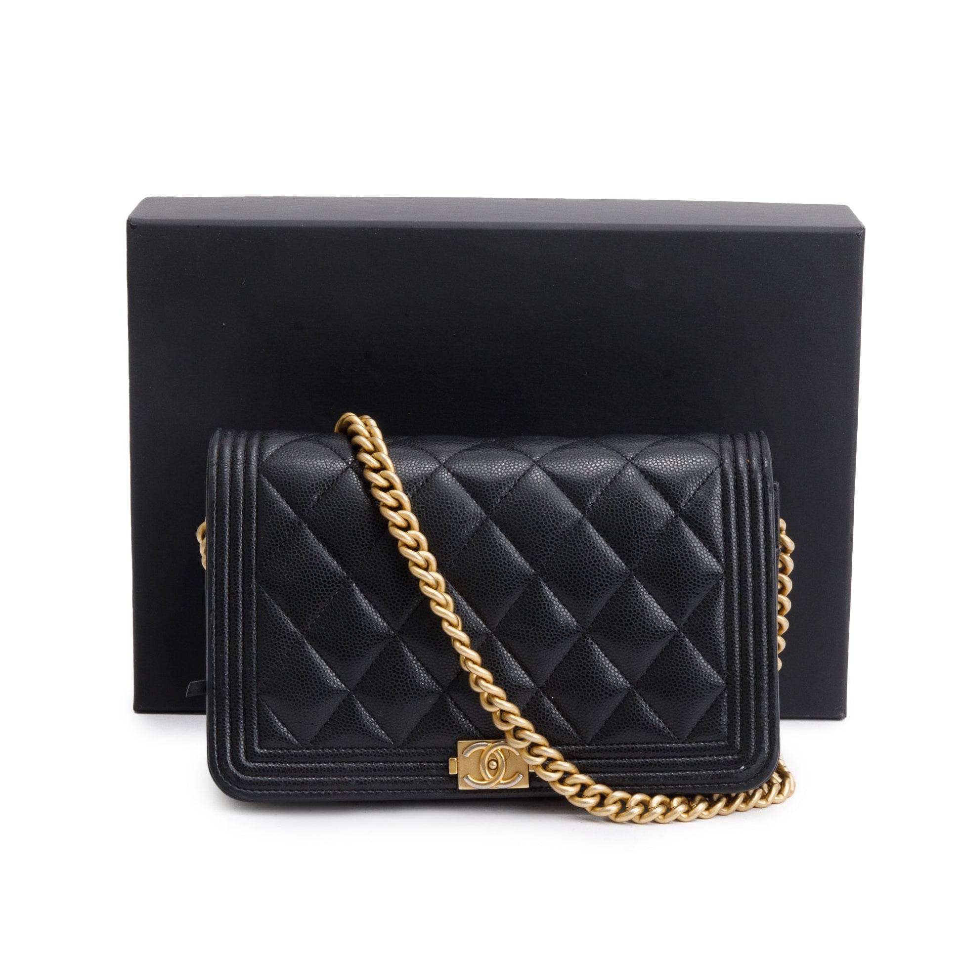 Chanel Caviar Boy on Leather Black Wallet Case W Box