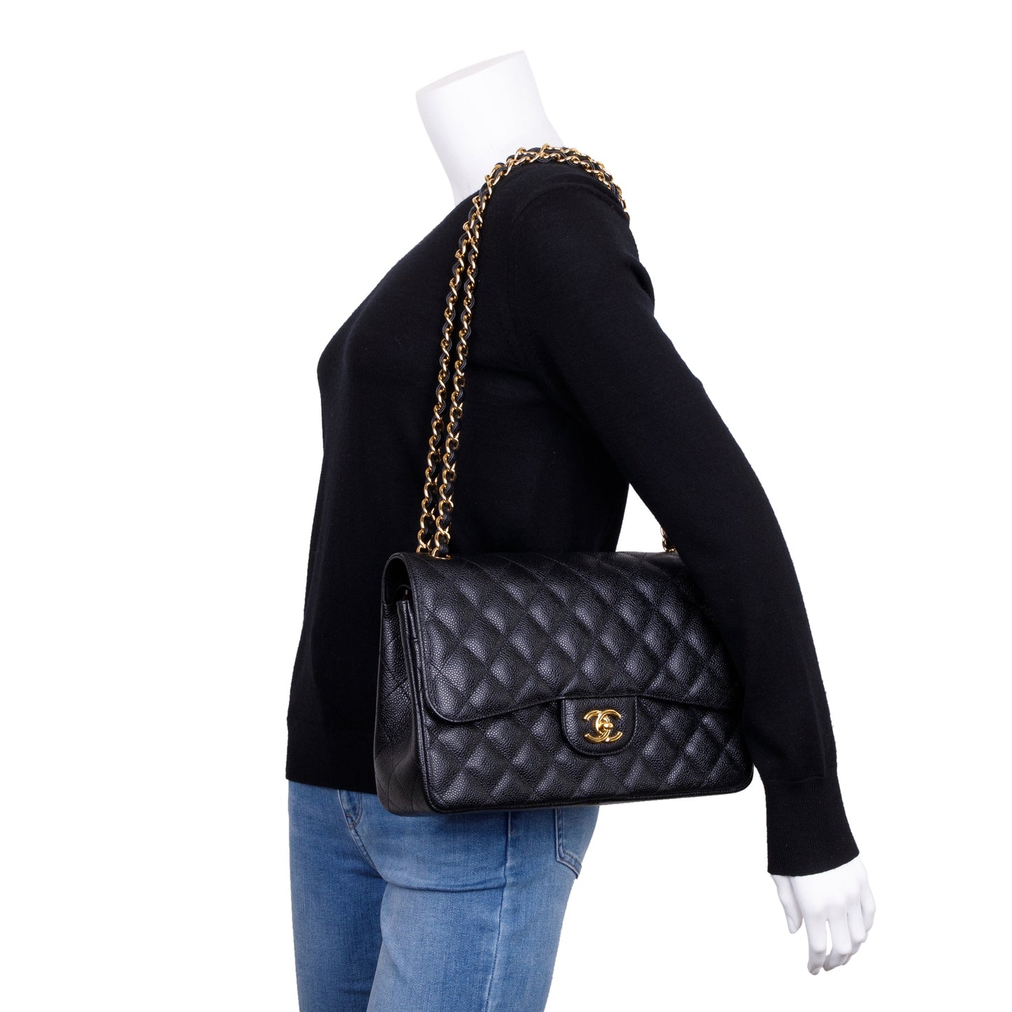 Chanel Caviar Classic Jumbo Double Flap Leather Black Travel Bag Flap Bag