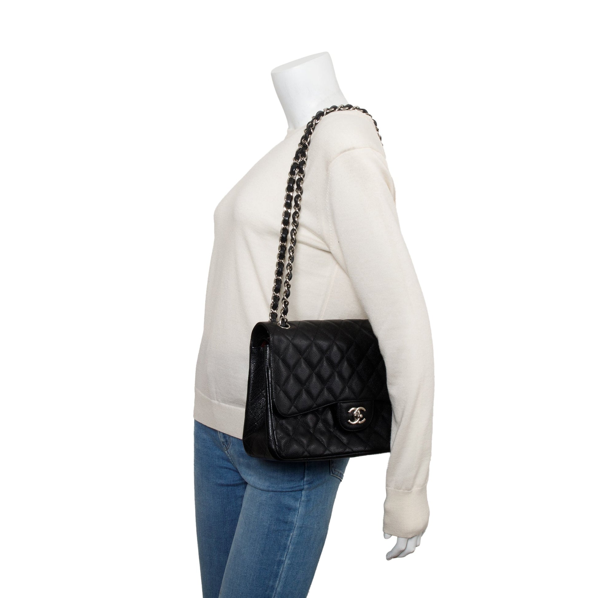 Chanel Caviar Classic Jumbo Double Flap Leather Black Travel Bag 6