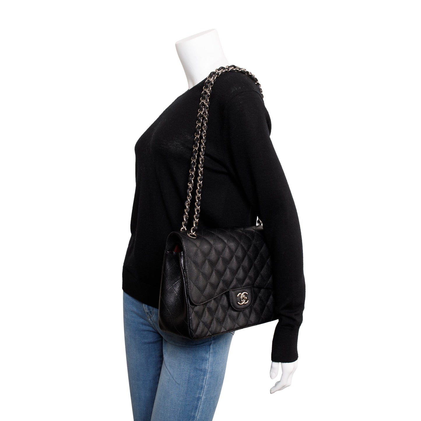 Chanel Caviar Classic Jumbo Double Flap Leather Black Travel Bag Authenticity Card