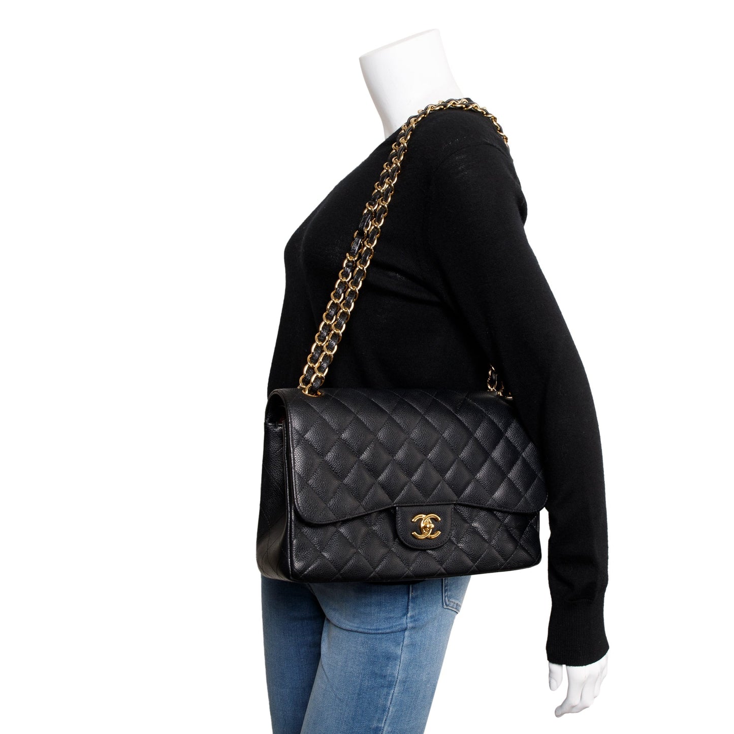 Chanel Caviar Classic Jumbo Double Flap Leather Black Travel Bag Card Receipt