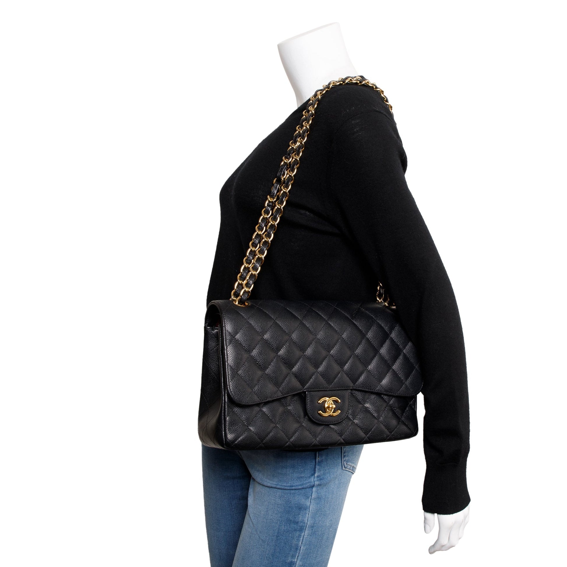Chanel Caviar Classic Jumbo Double Flap Leather Black Travel Bag Card Receipt
