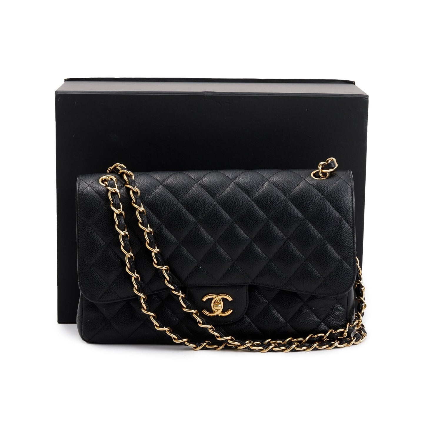 Chanel Caviar Classic Jumbo Double Flap Leather Black Travel Bag Card Receipt