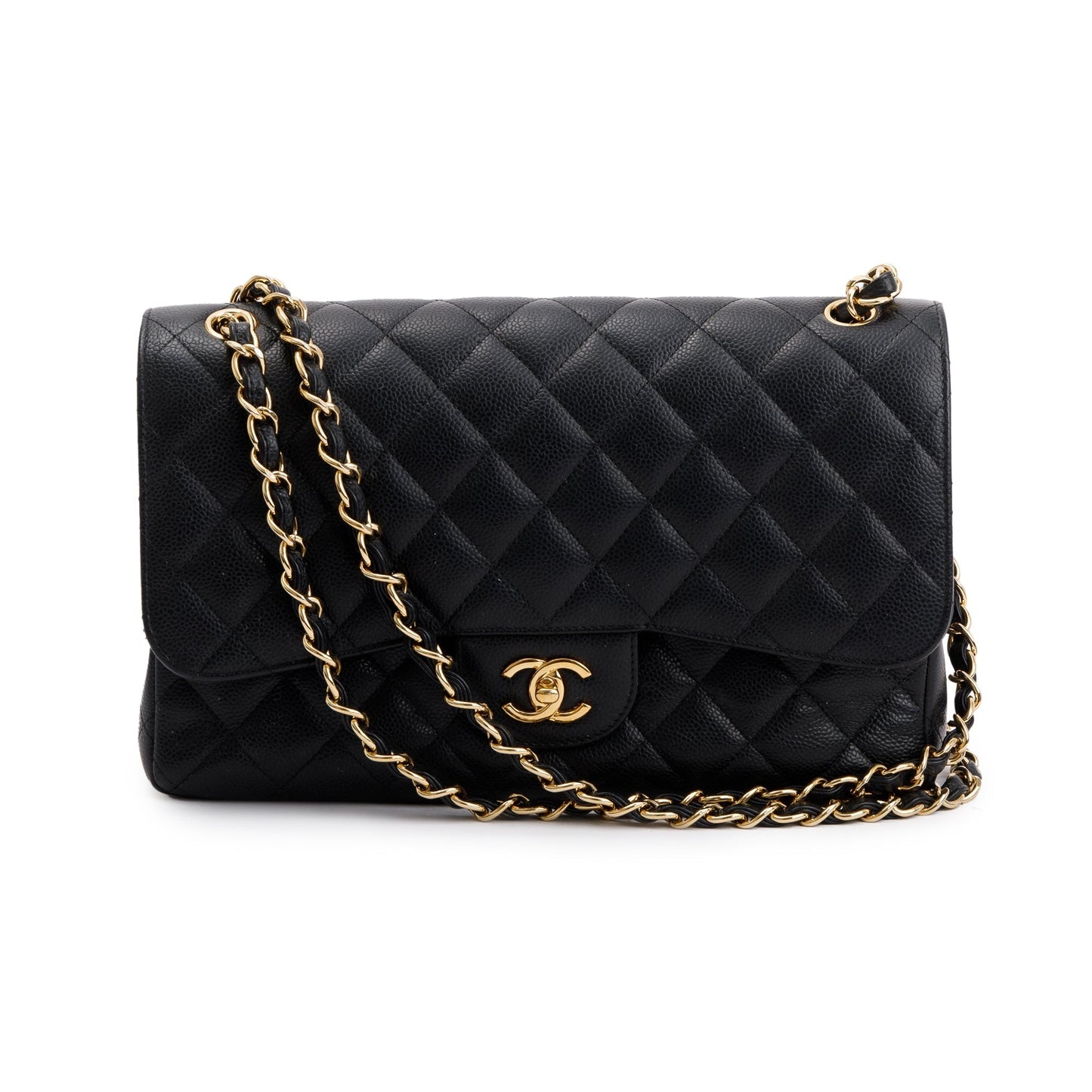 Chanel Caviar Classic Jumbo Double Flap Leather Black Travel Bag Card Receipt