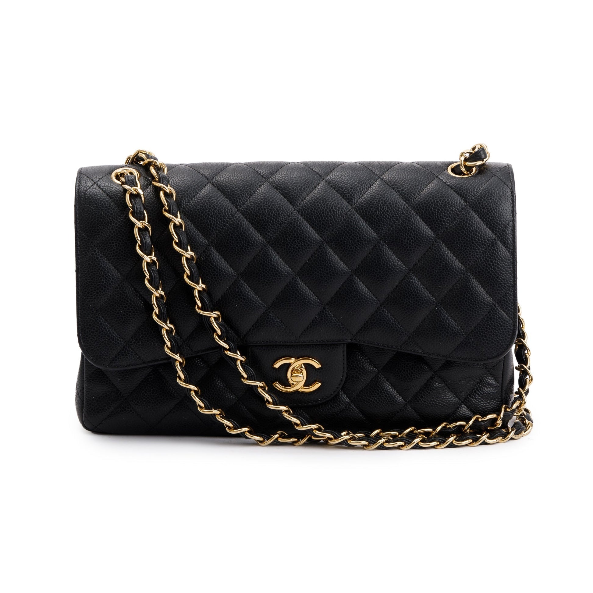 Chanel Caviar Classic Jumbo Double Flap Leather Black Travel Bag Card Receipt