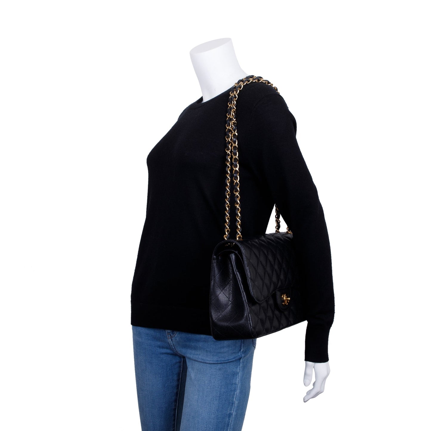 Chanel Caviar Classic Jumbo Double Flap Leather Black Travel Bag