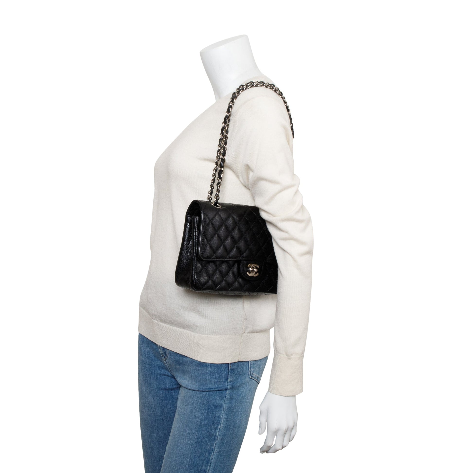 Chanel Caviar Classic Double Flap Leather Black Travel Bag Flap Bag