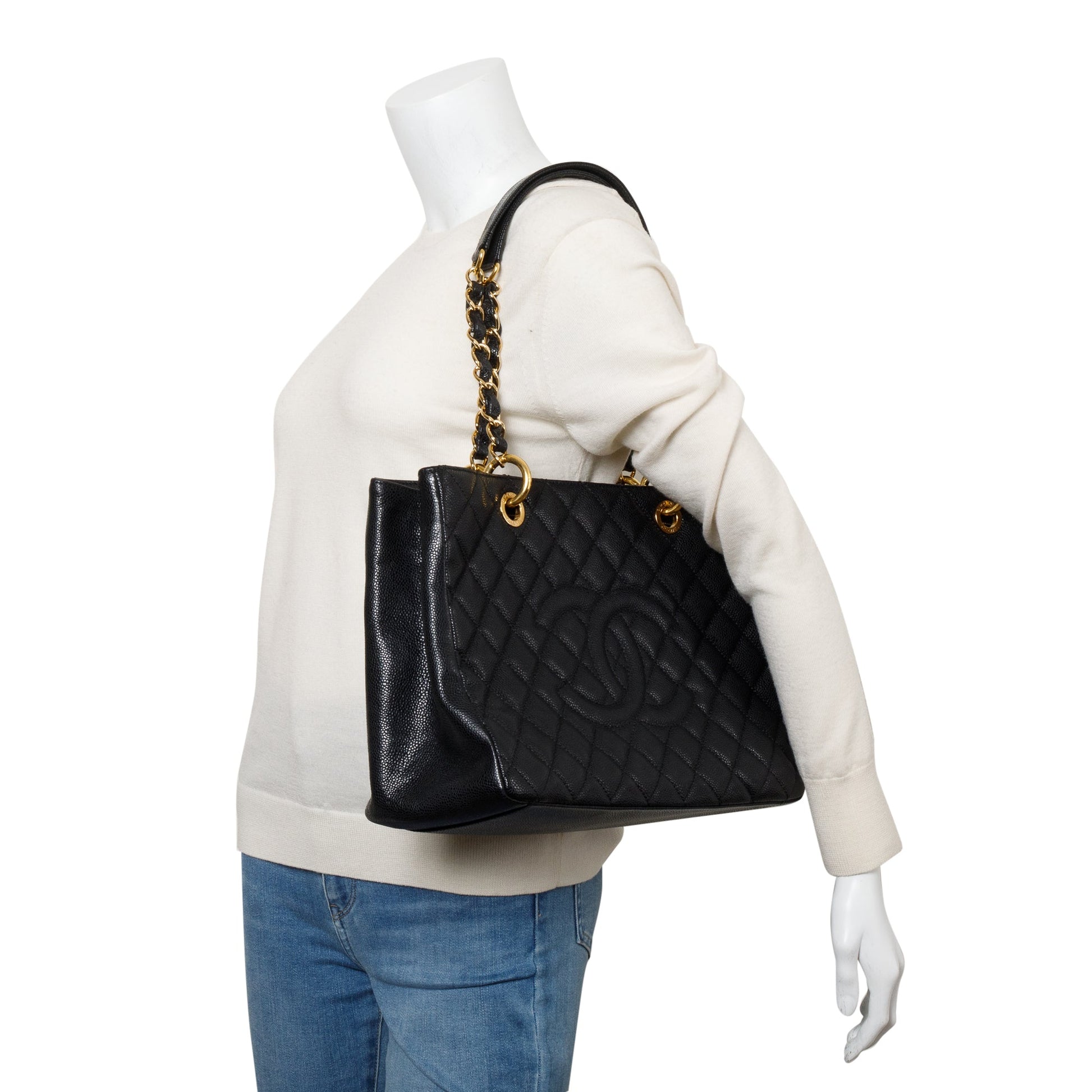 Chanel Caviar Grand Shopping GST Leather Black Travel Bag Card Receipt