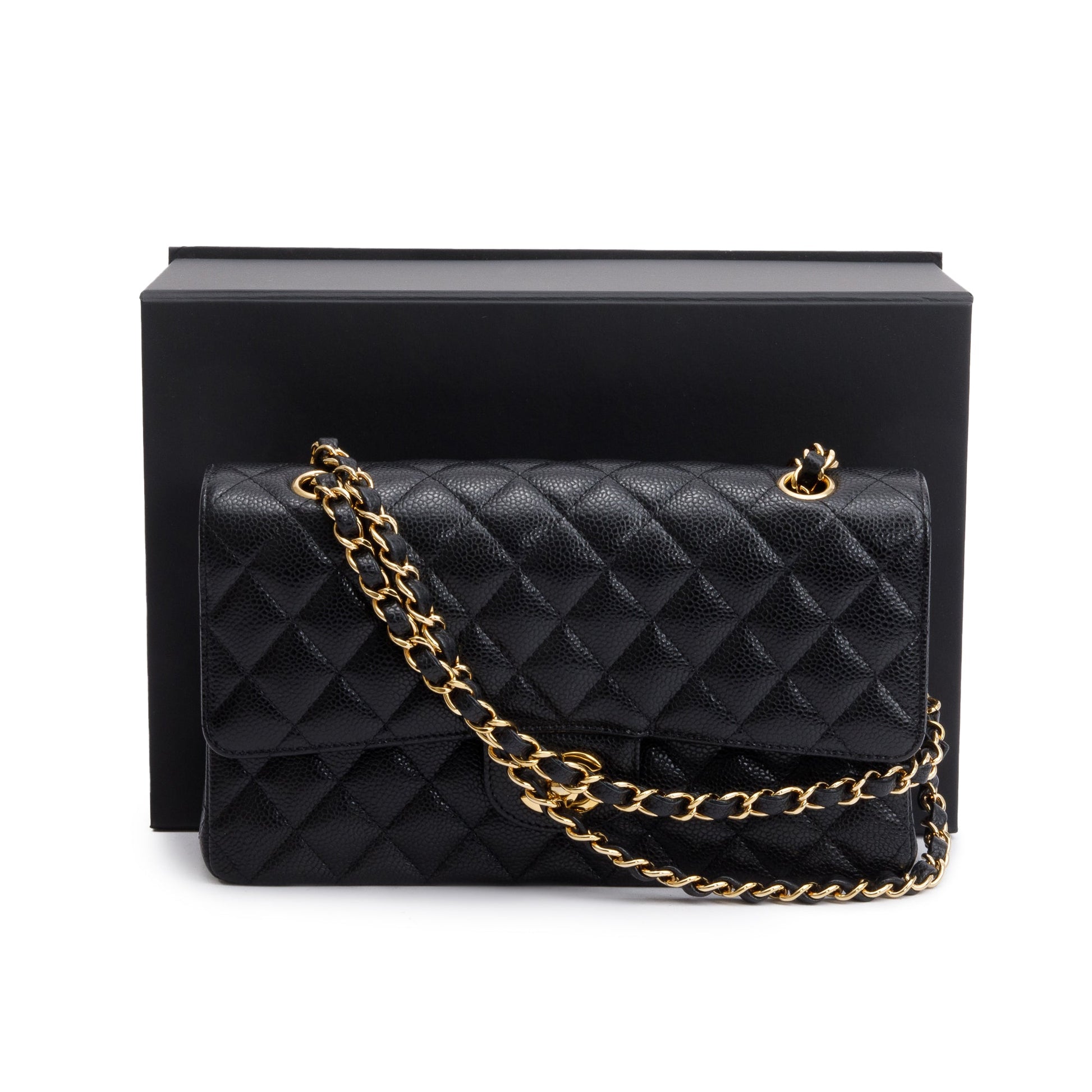 Chanel Caviar Classic Double Classic Flap Leather Black Travel Bag W Box
