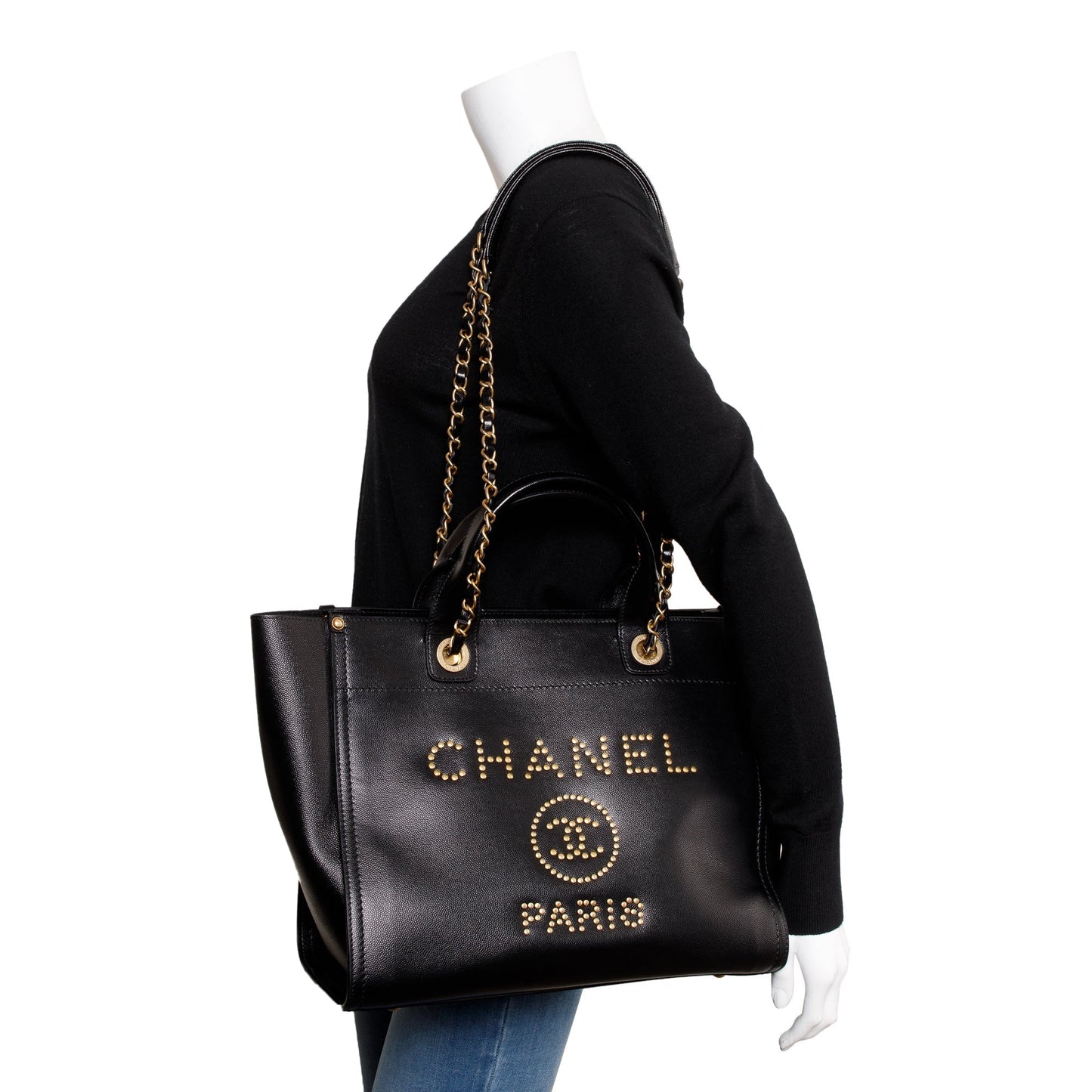 Chanel Caviar Studded Deauville Leather Black Travel Bag W Box
