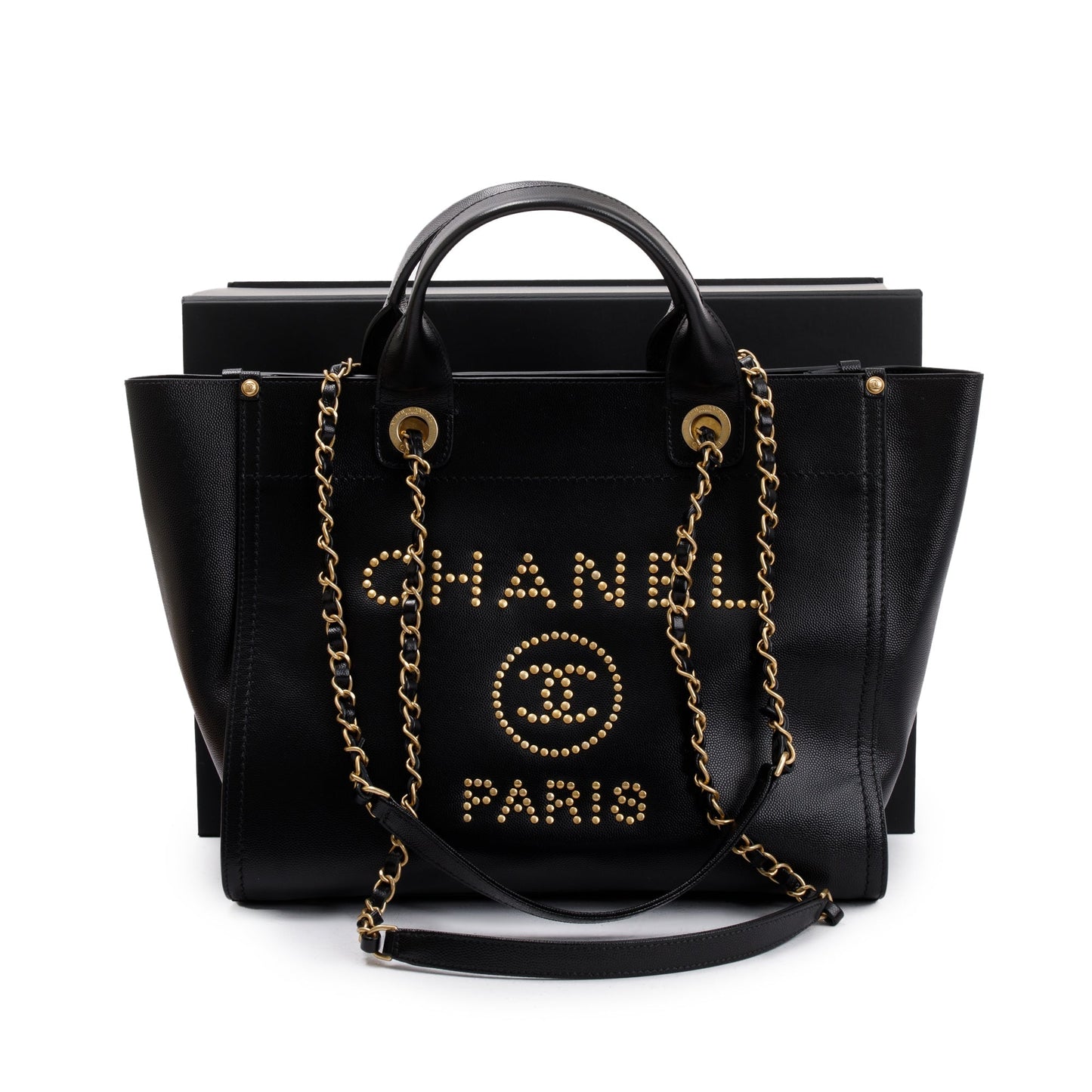 Chanel Caviar Studded Deauville Leather Black Travel Bag W Box