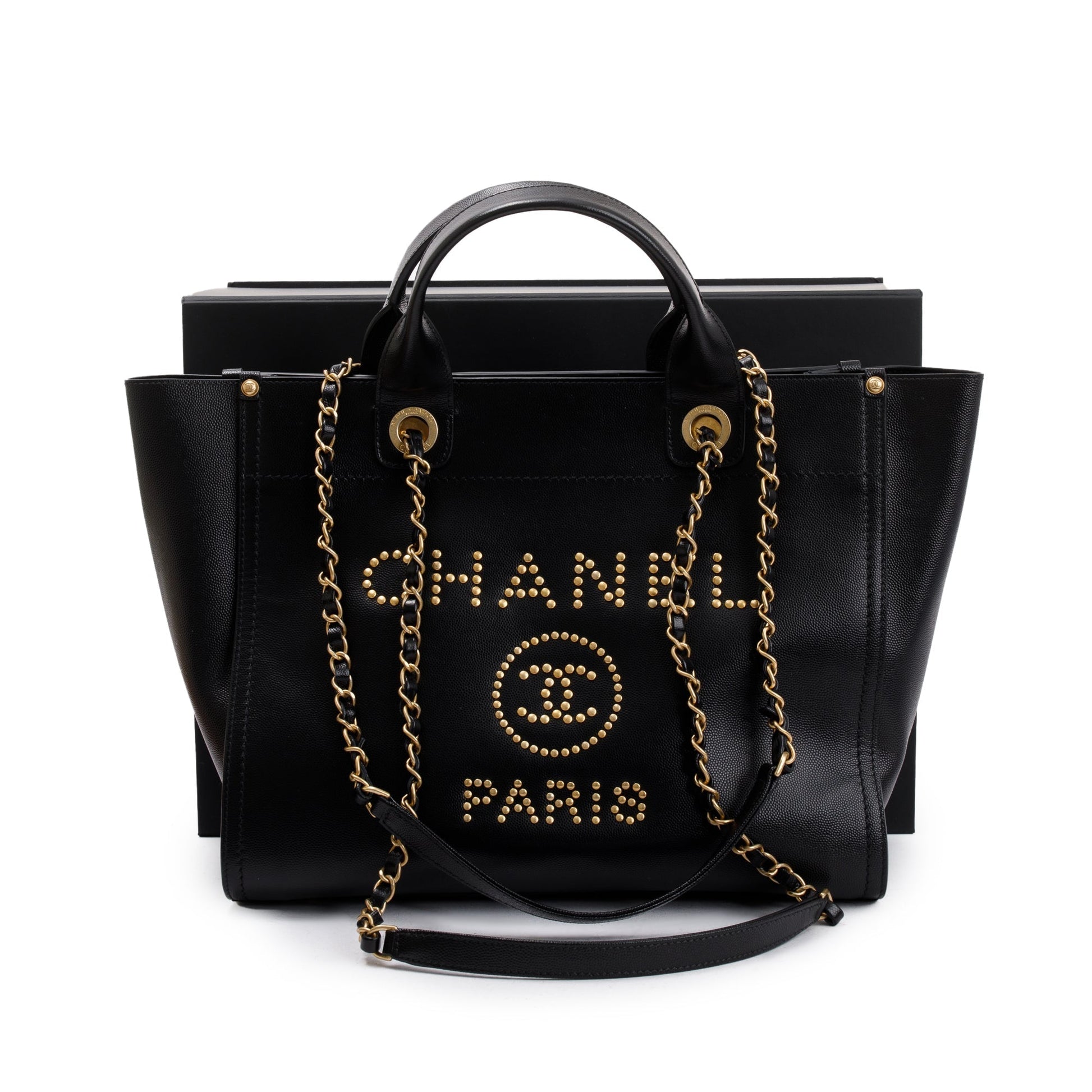 Chanel Caviar Studded Deauville Leather Black Travel Bag W Box