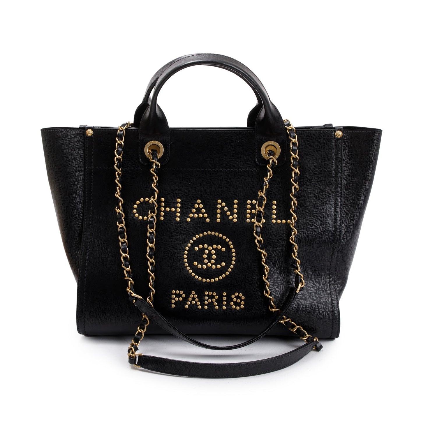Chanel Caviar Studded Deauville Leather Black Travel Bag W Box