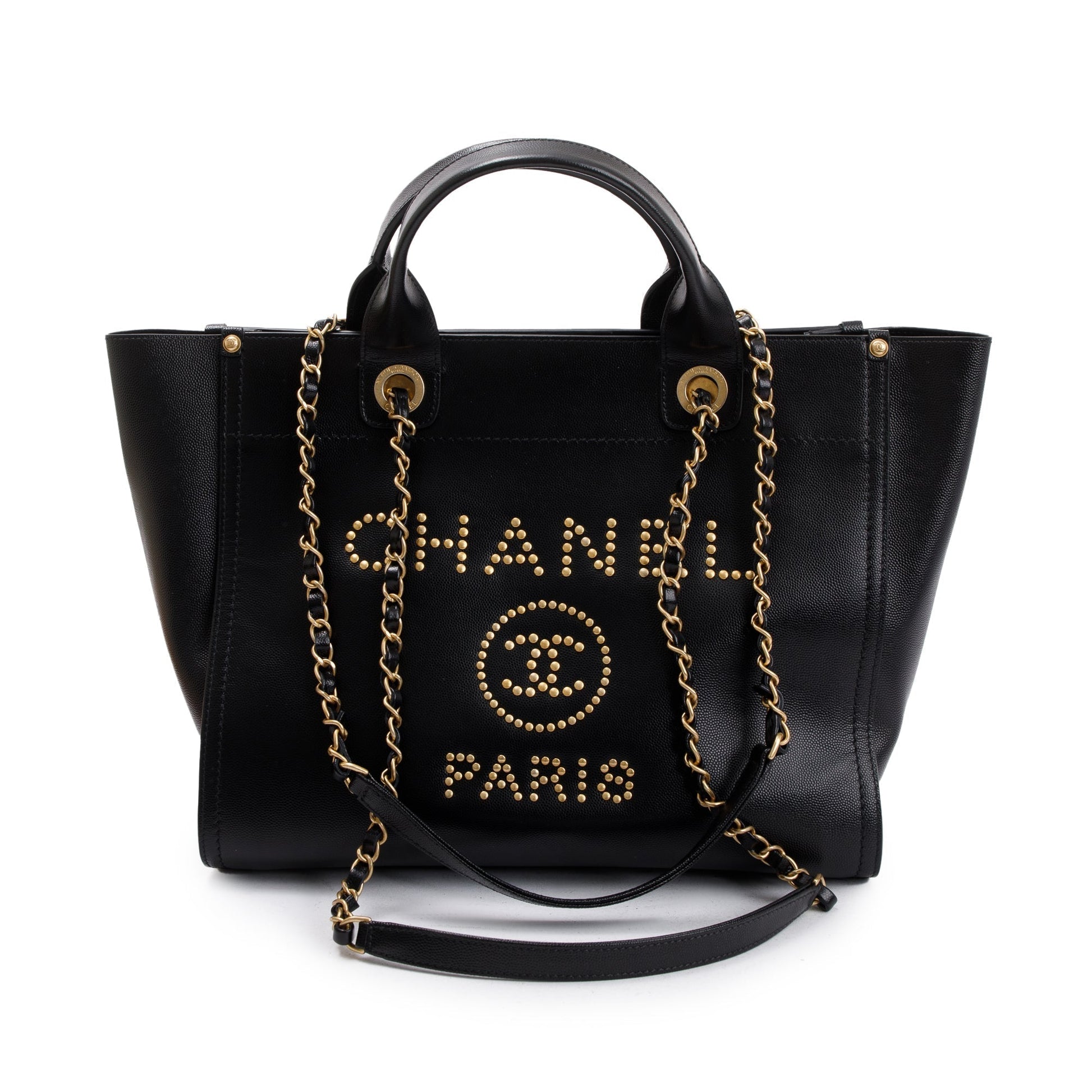 Chanel Caviar Studded Deauville Leather Black Travel Bag W Box