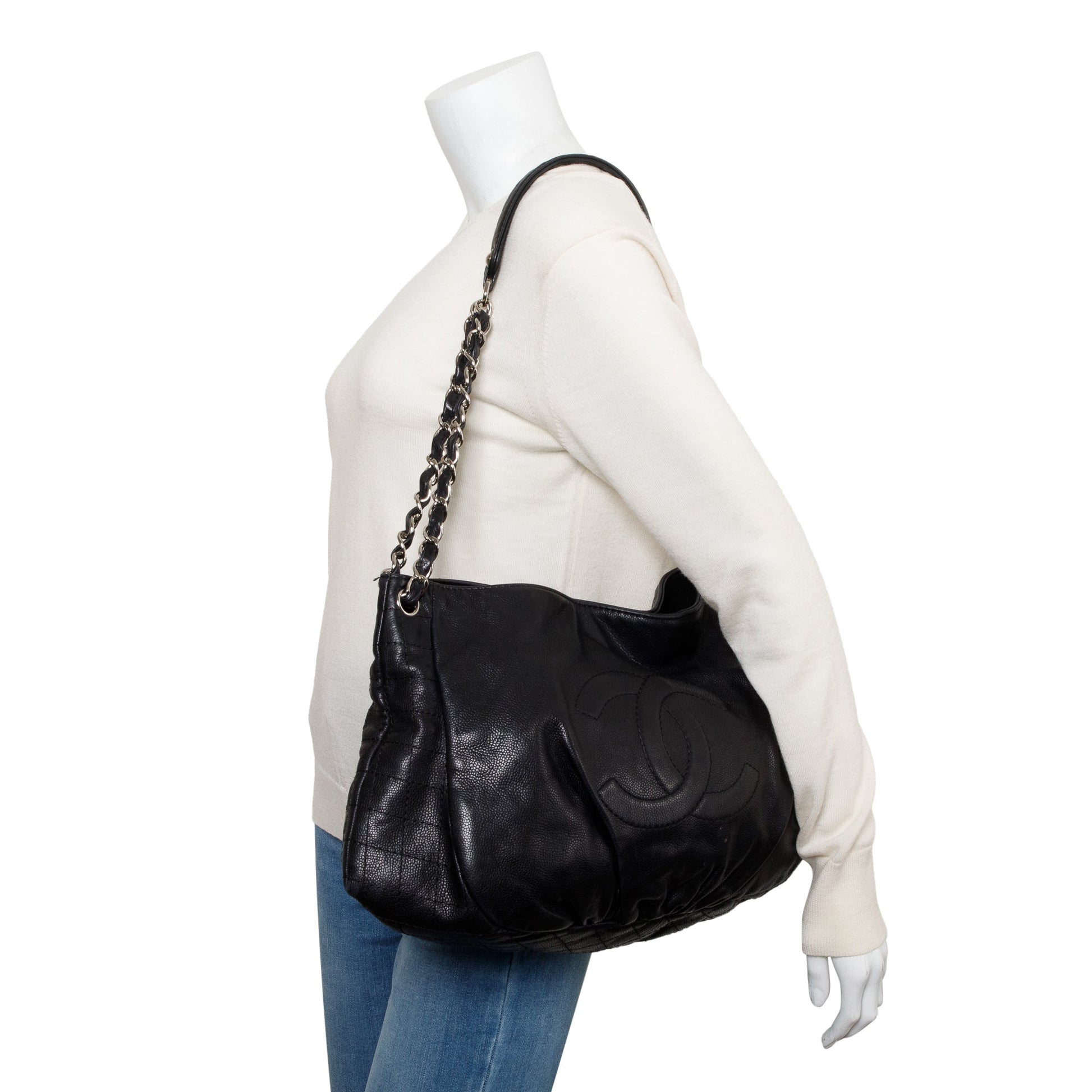 Chanel Caviar Timeless CC Hobo Leather Black Travel Bag
