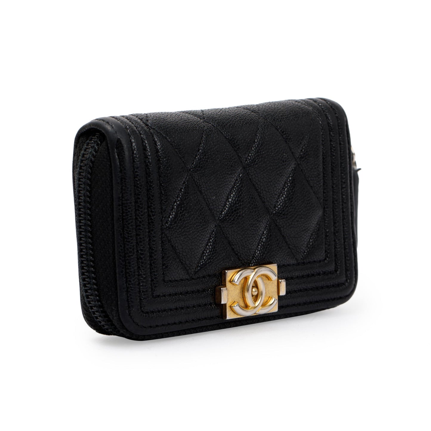Chanel Caviar Zip Around Boy Coin Leather Black Wallet Case