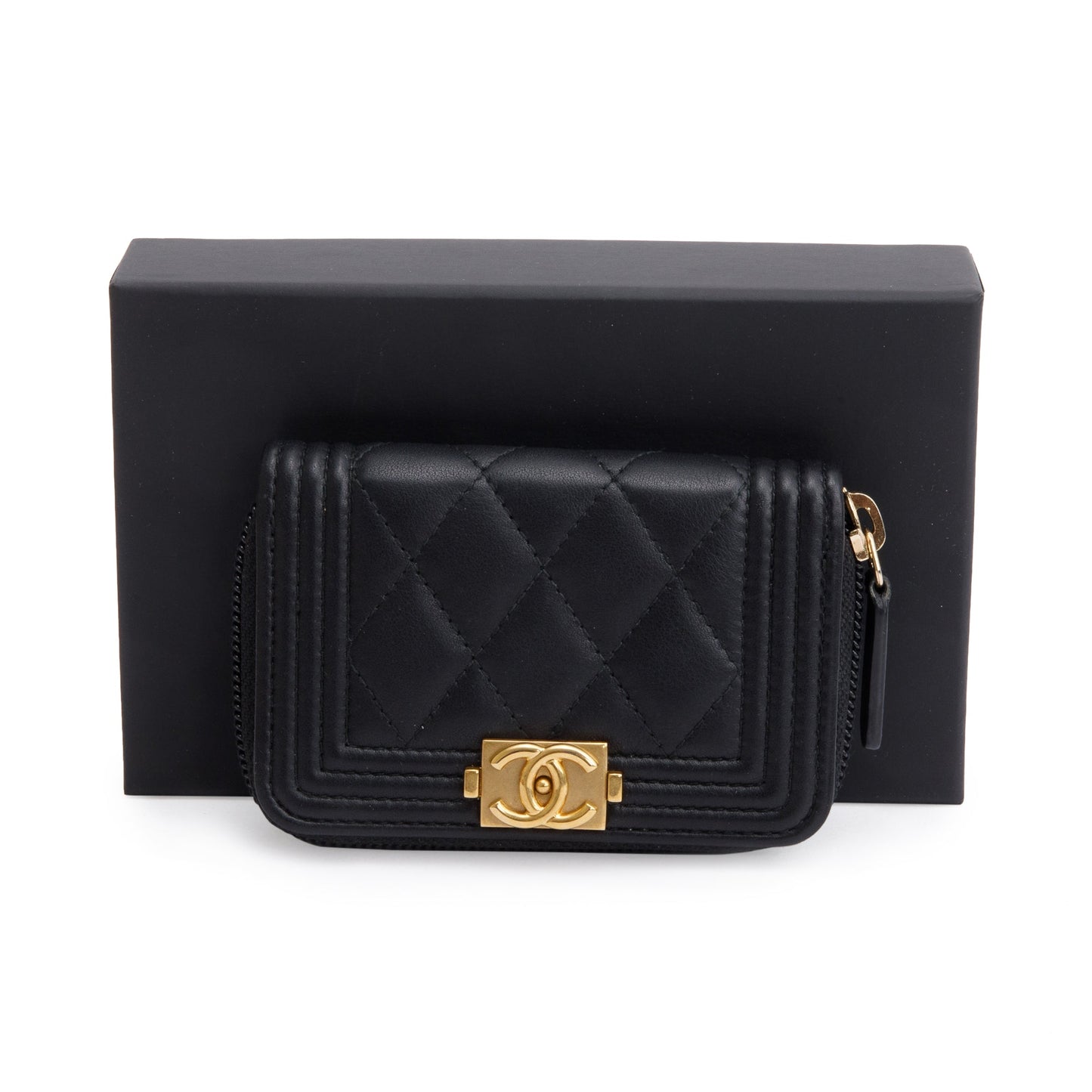 Chanel Caviar Zip Around Boy Coin Leather Black Wallet Case Authenticity Card