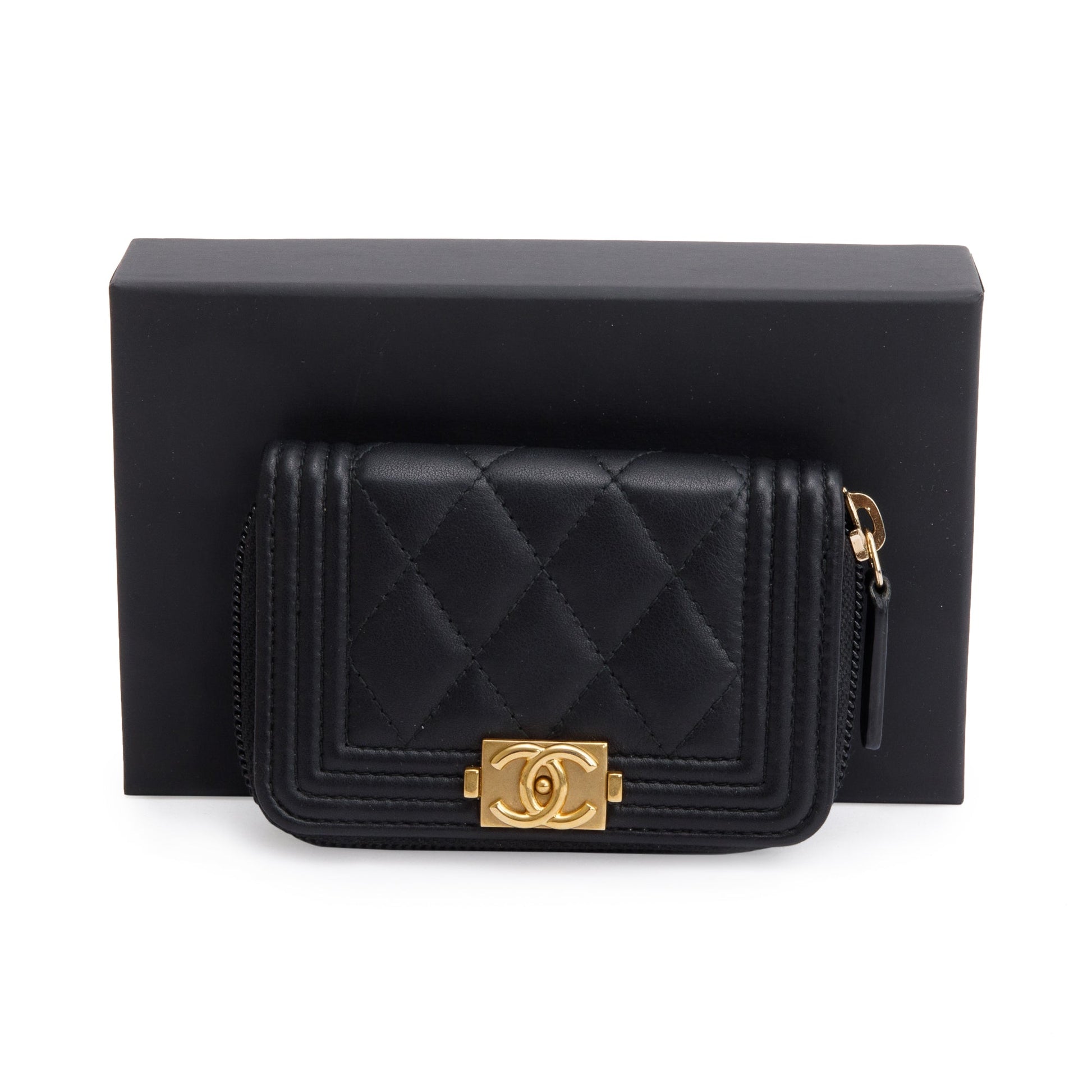 Chanel Caviar Zip Around Boy Coin Leather Black Wallet Case Authenticity Card