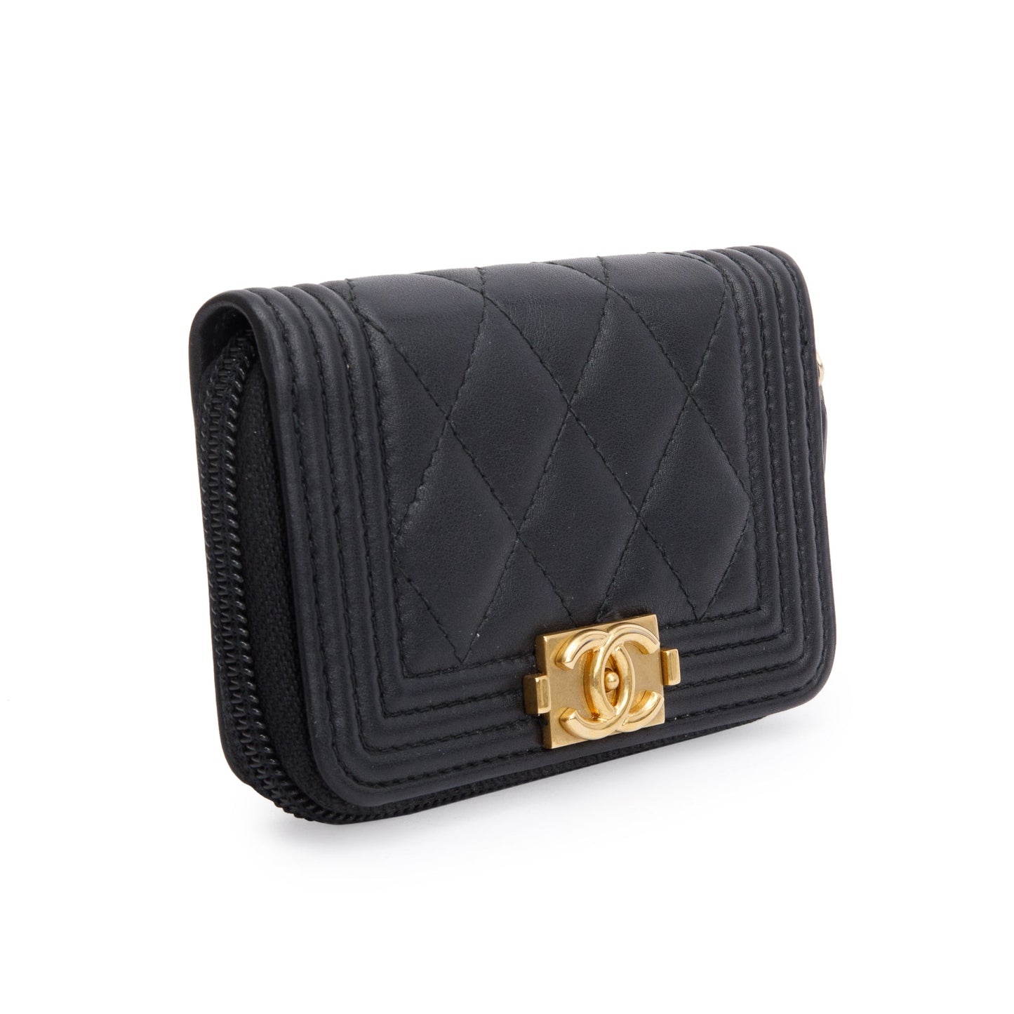 Chanel Caviar Zip Around Boy Coin Leather Black Wallet Case Authenticity Card