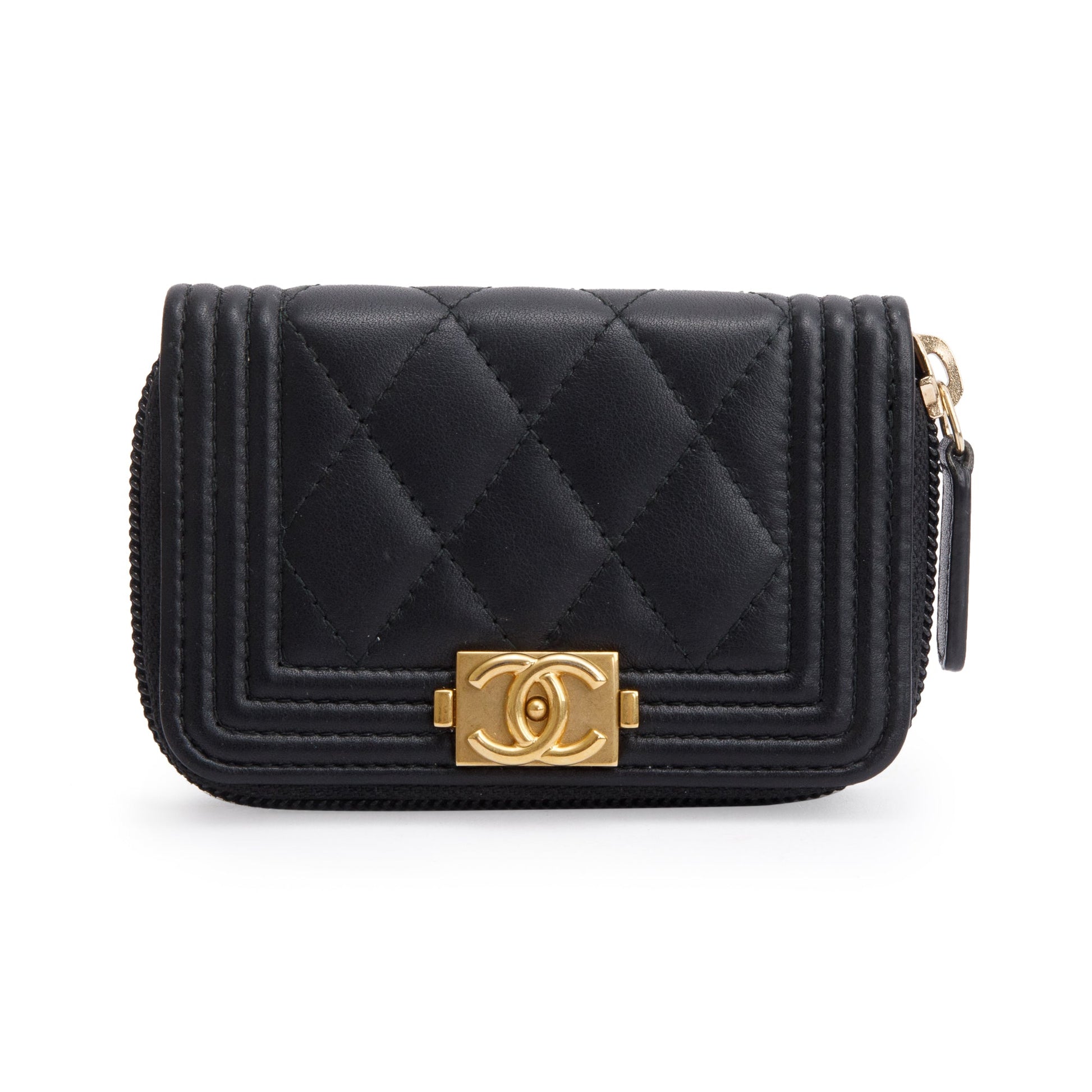 Chanel Caviar Zip Around Boy Coin Leather Black Wallet Case Authenticity Card