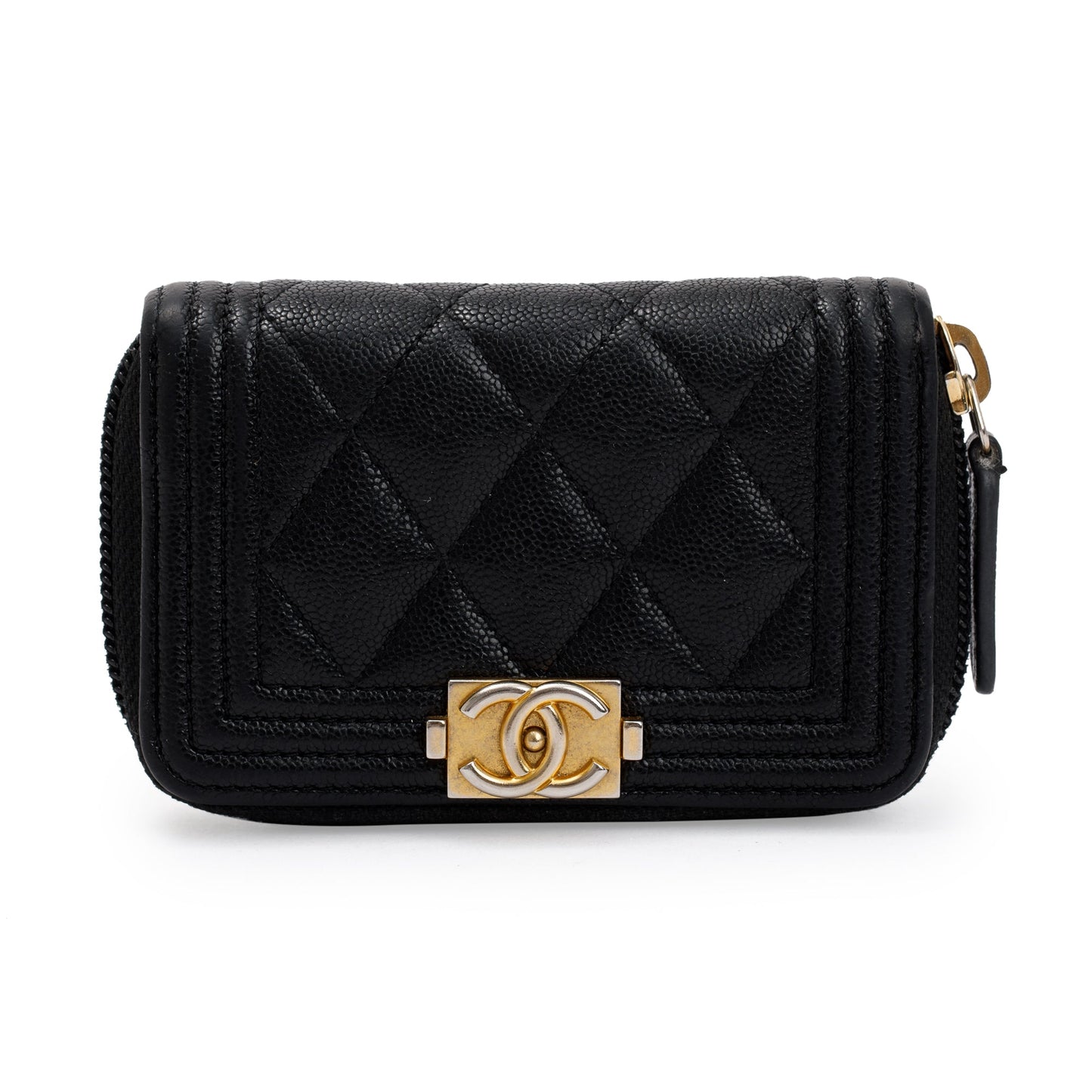 Chanel Caviar Zip Around Boy Coin Leather Black Wallet Case