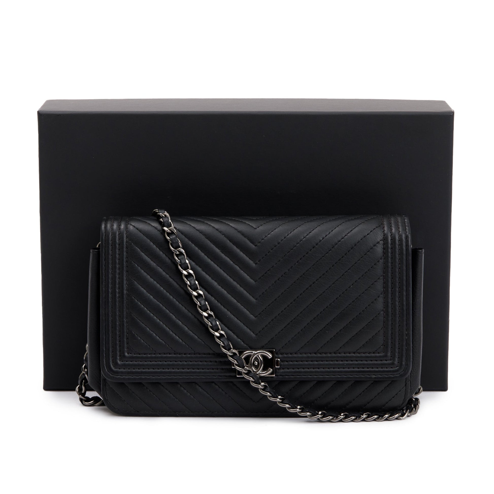 Chanel Chevron Boy on Black Wallet Case Card Receipt