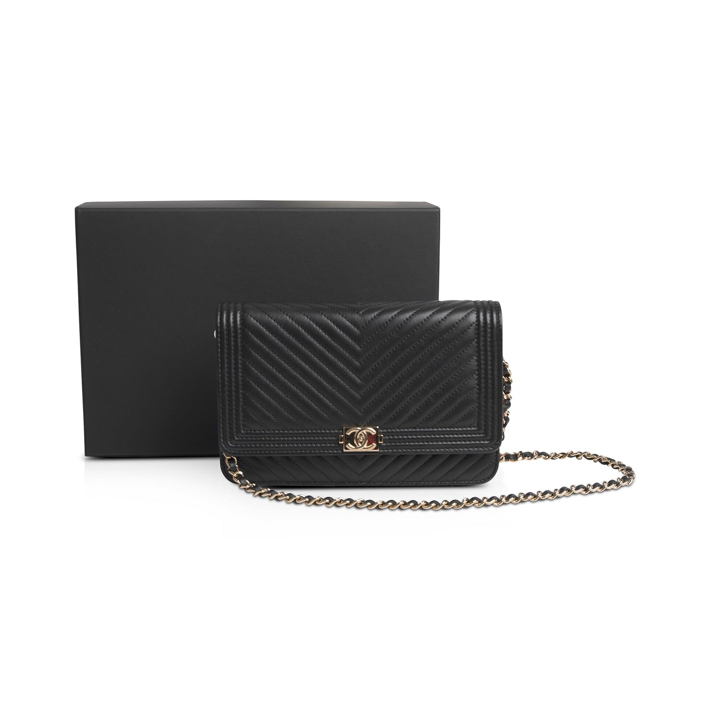 Chanel Chevron Boy on Black Wallet Case